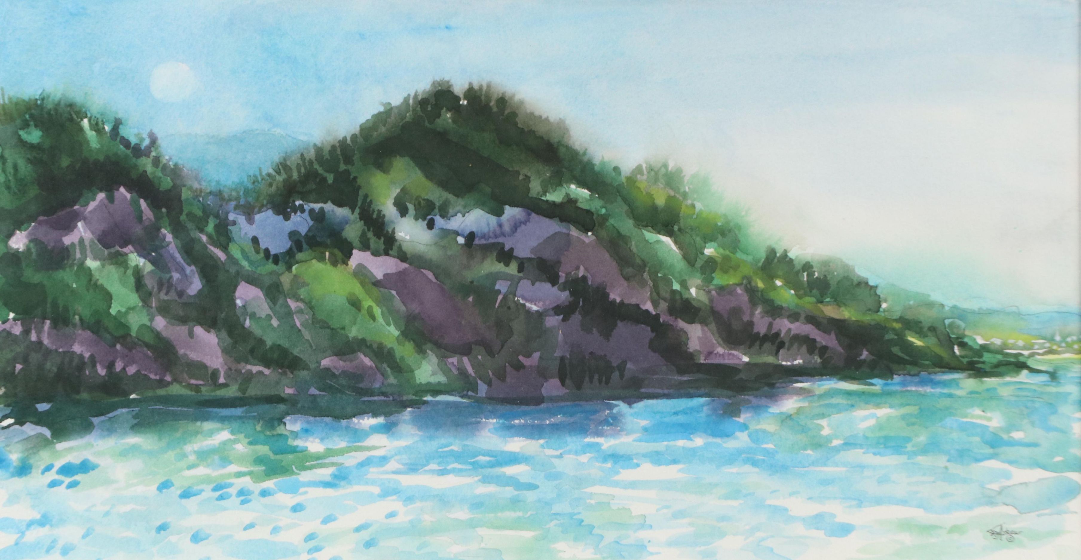 Mountainous Coastal Landscape Watercolor Painting