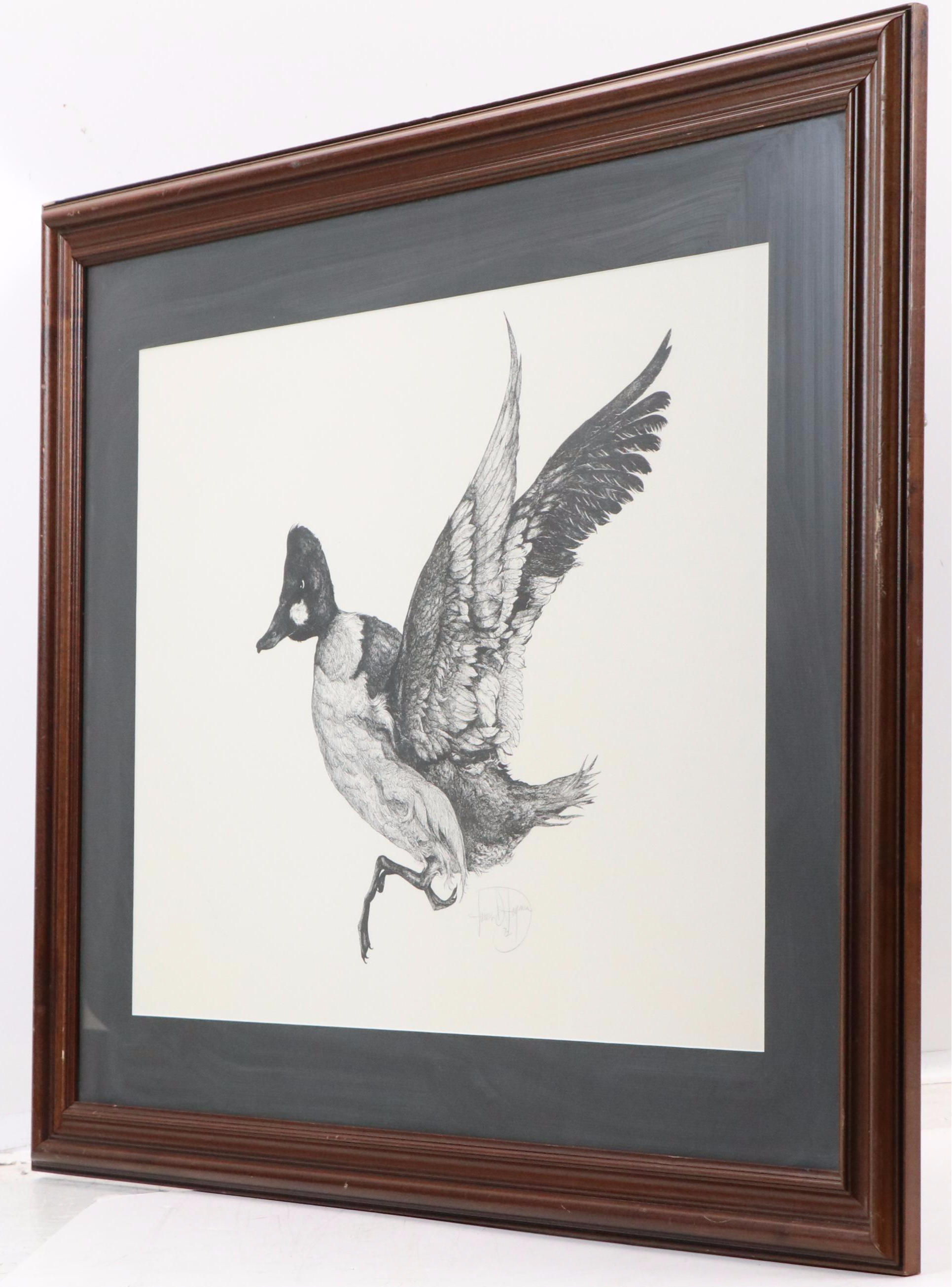 James D. Joyner Ink Drawing of Flying Duck, 1972