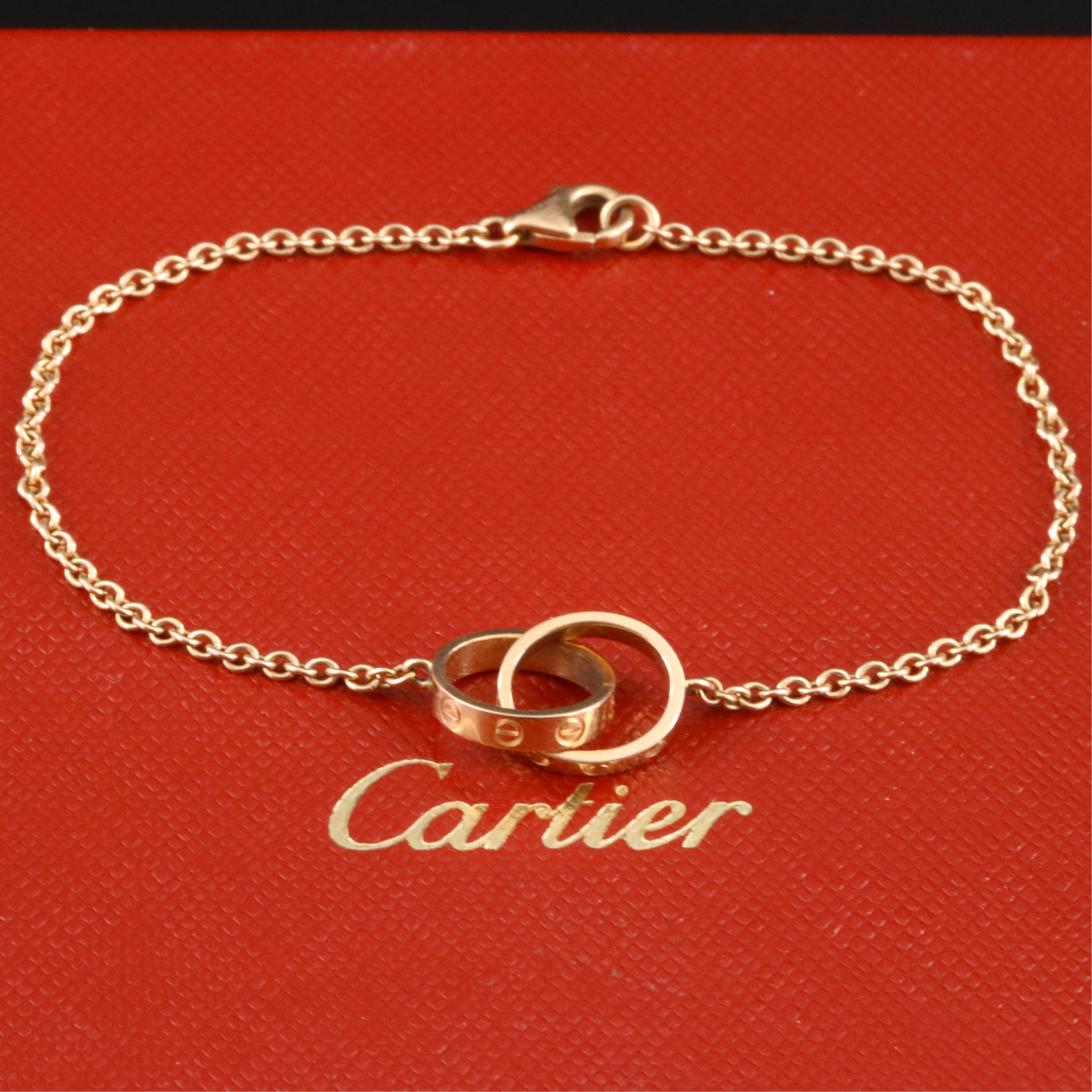 Cartier LOVE 18K Rose Gold and Diamond Interlocking Rings Necklace with COA