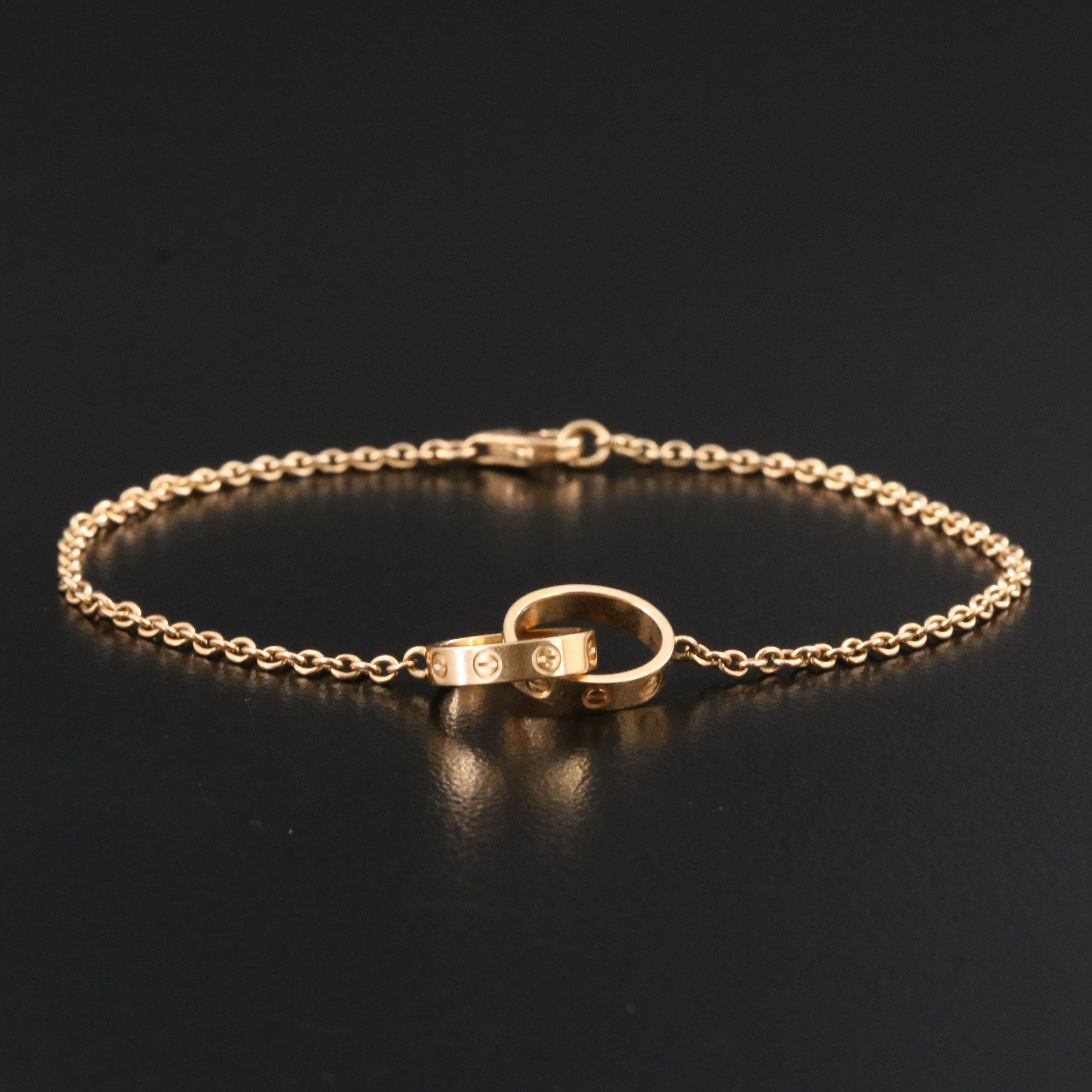 Cartier LOVE 18K Rose Gold and Diamond Interlocking Rings Necklace with COA