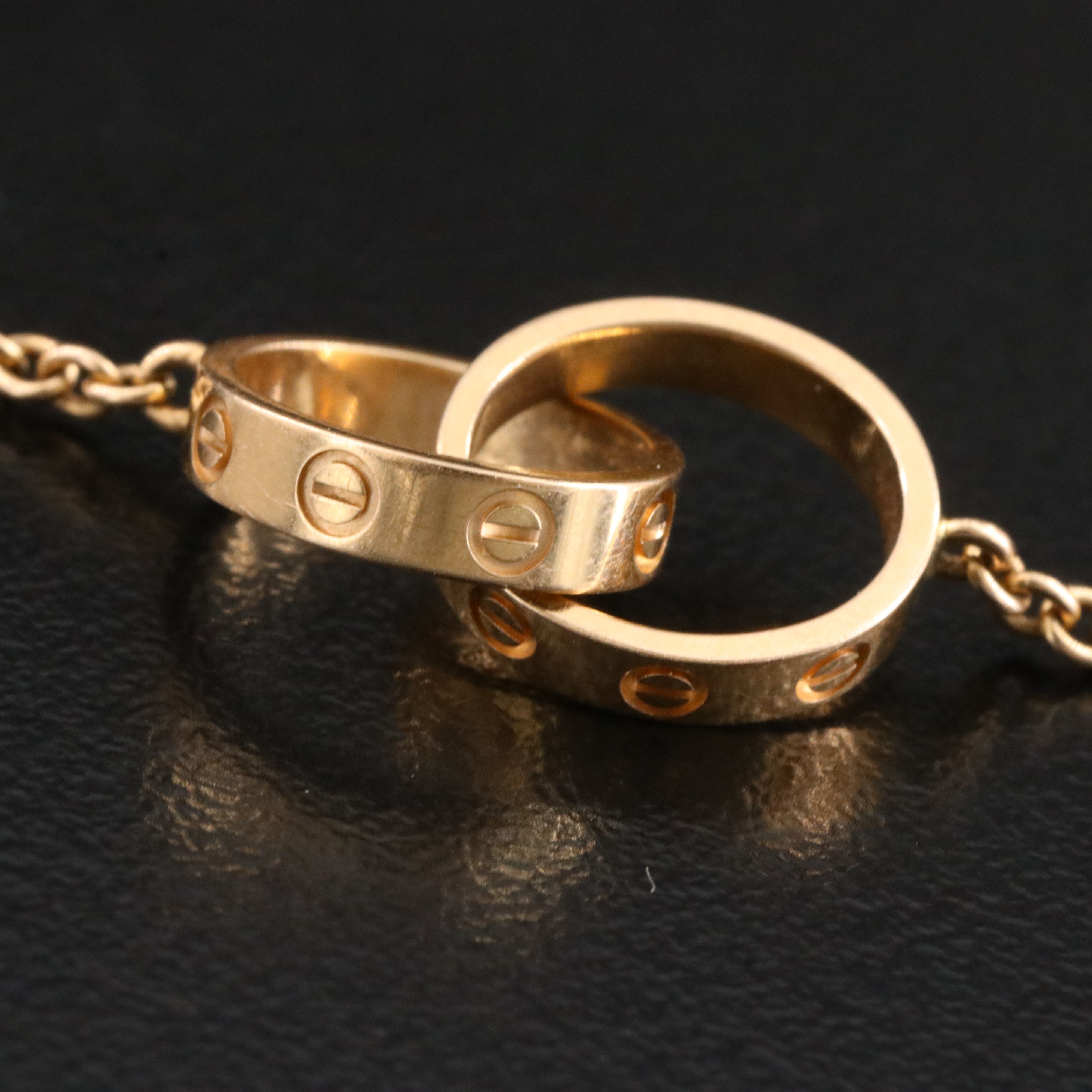 Cartier LOVE 18K Rose Gold and Diamond Interlocking Rings Necklace with COA