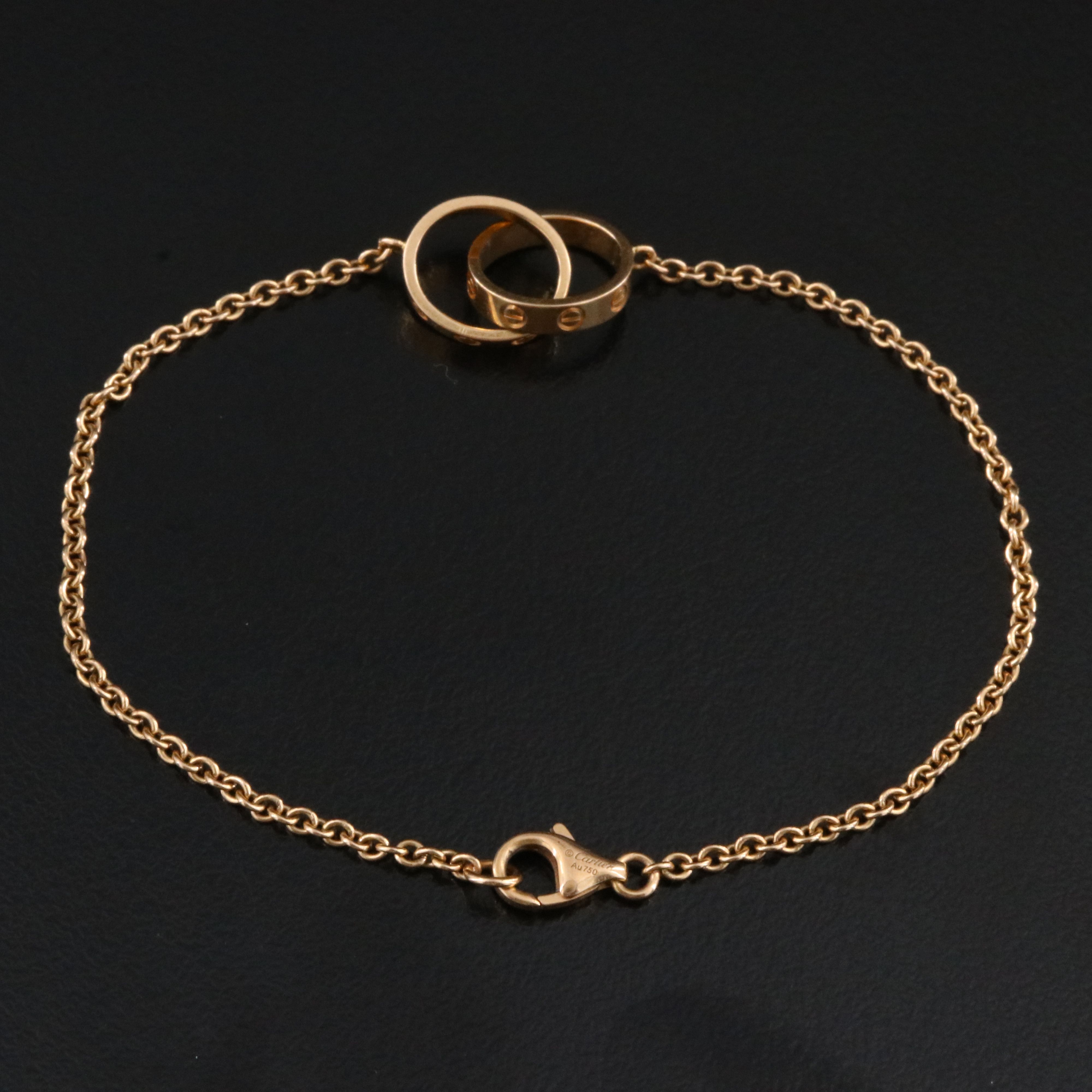 Cartier LOVE 18K Rose Gold and Diamond Interlocking Rings Necklace with COA