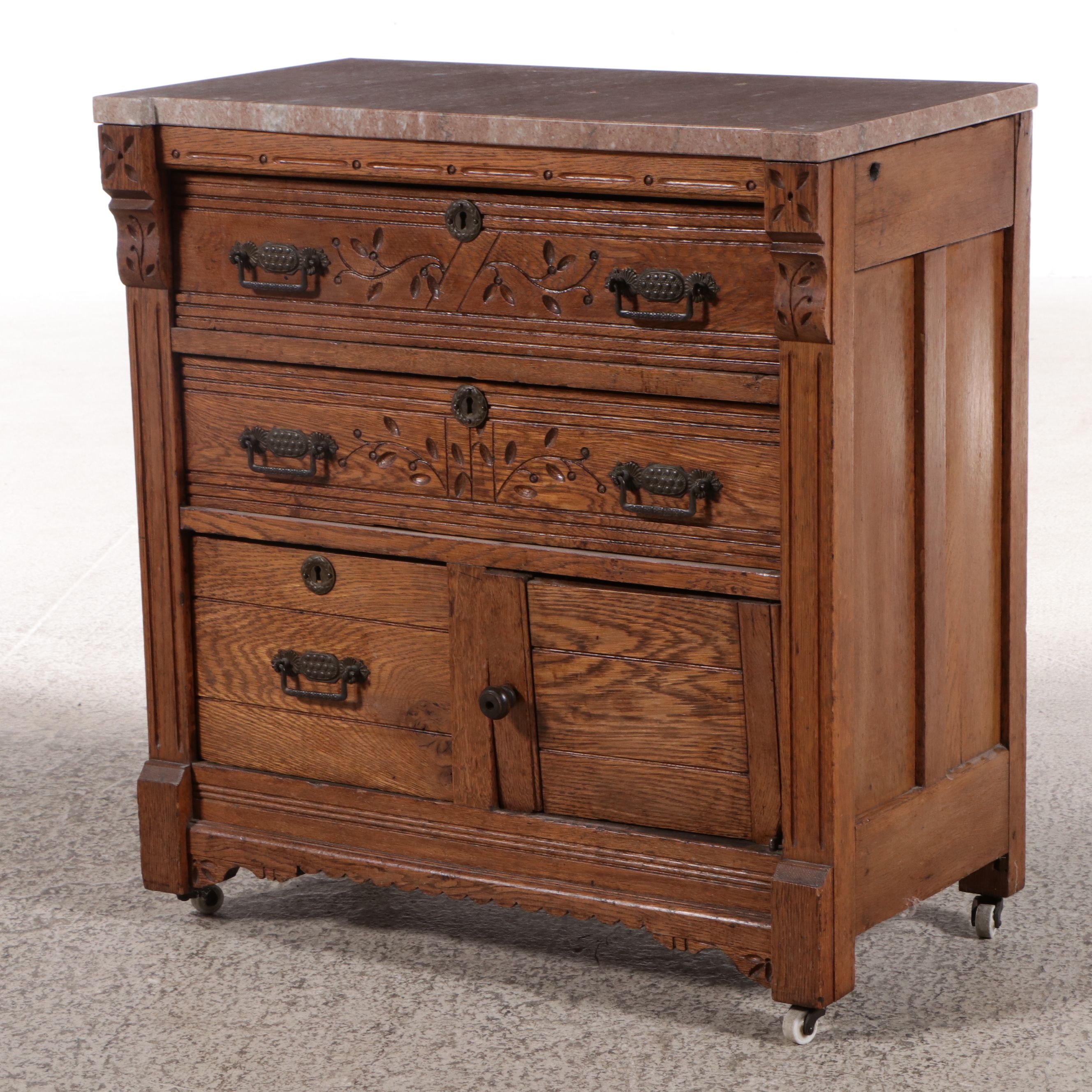 Eastlake Style Marble Top Oak Washstand, Late 19th Century