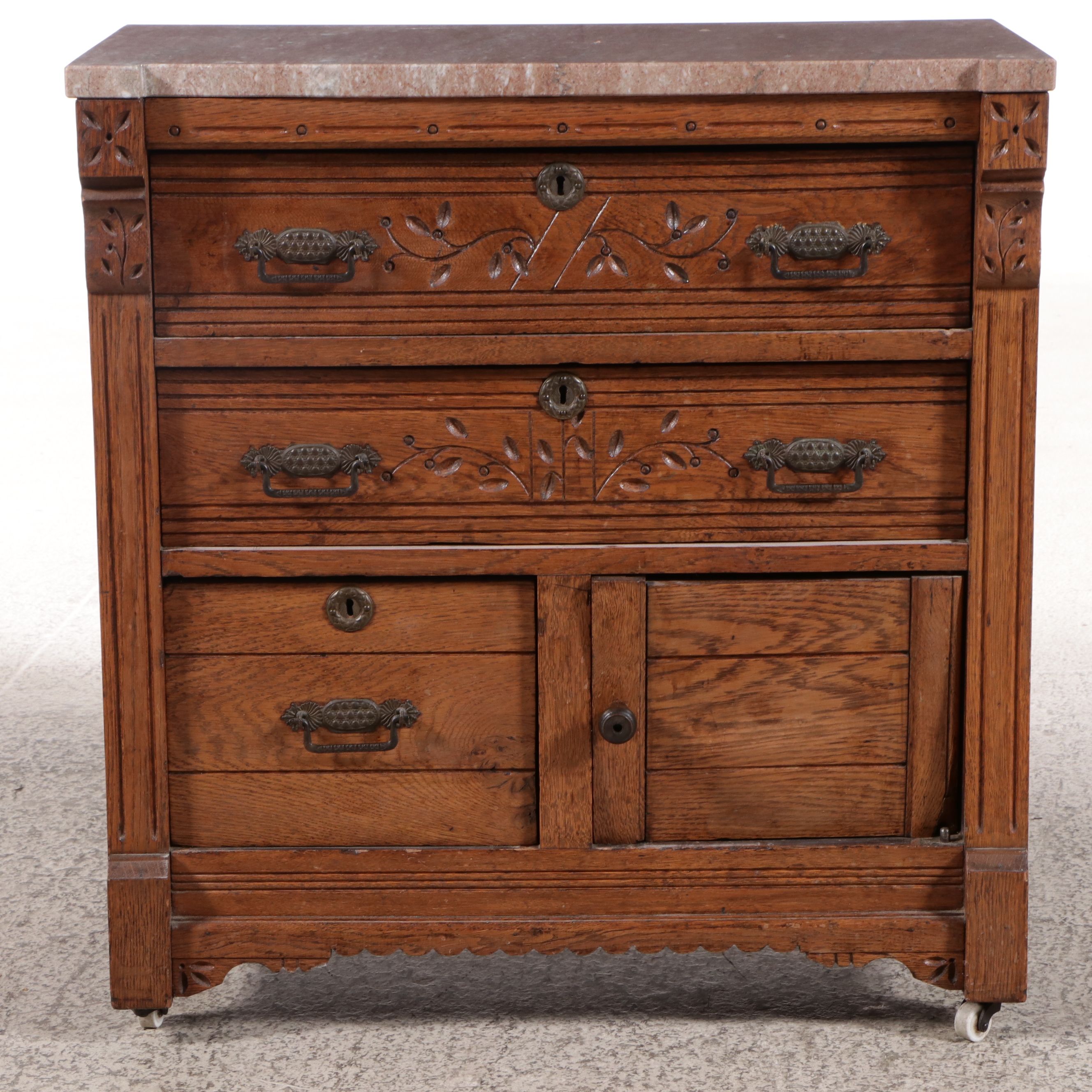 Eastlake Style Marble Top Oak Washstand, Late 19th Century