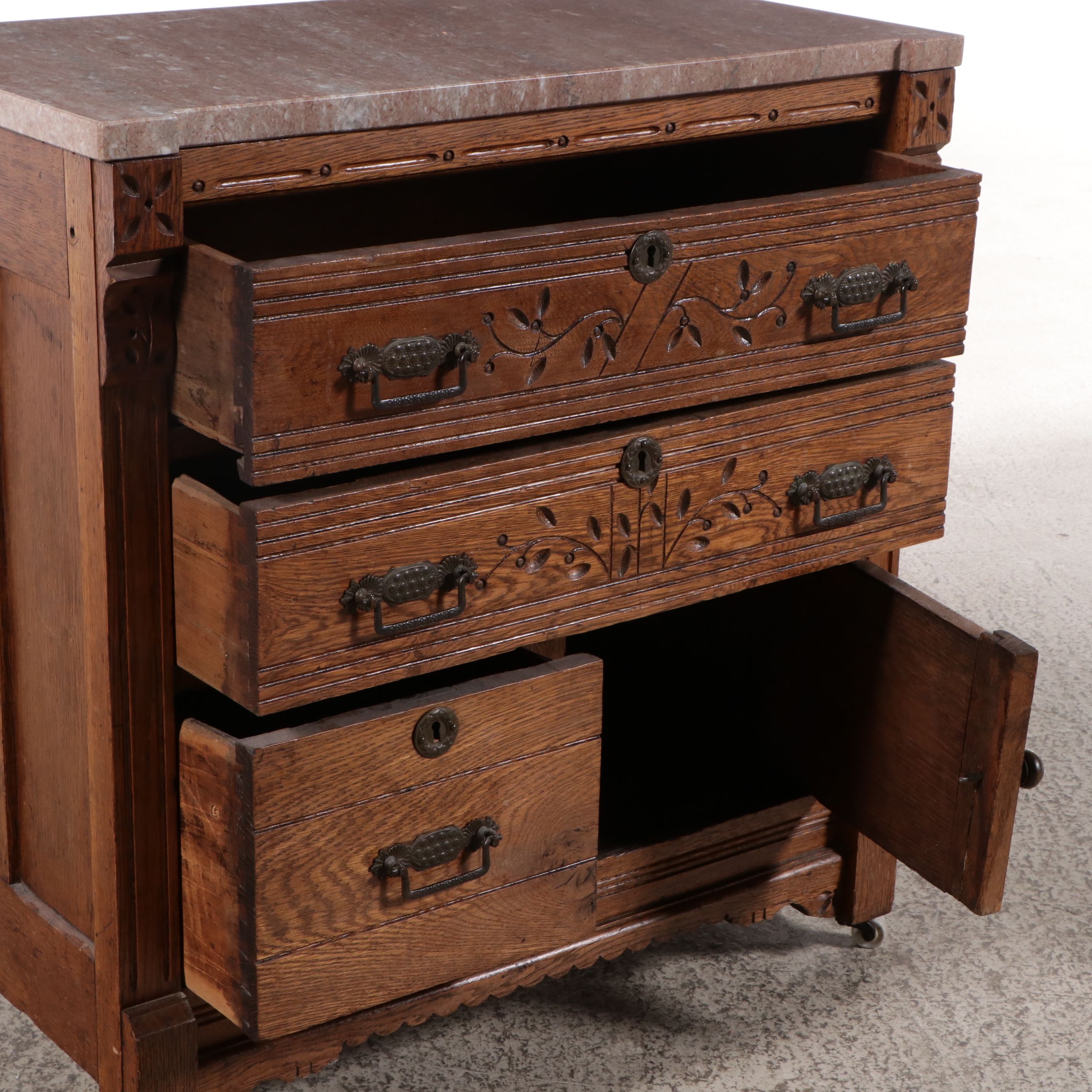 Eastlake Style Marble Top Oak Washstand, Late 19th Century