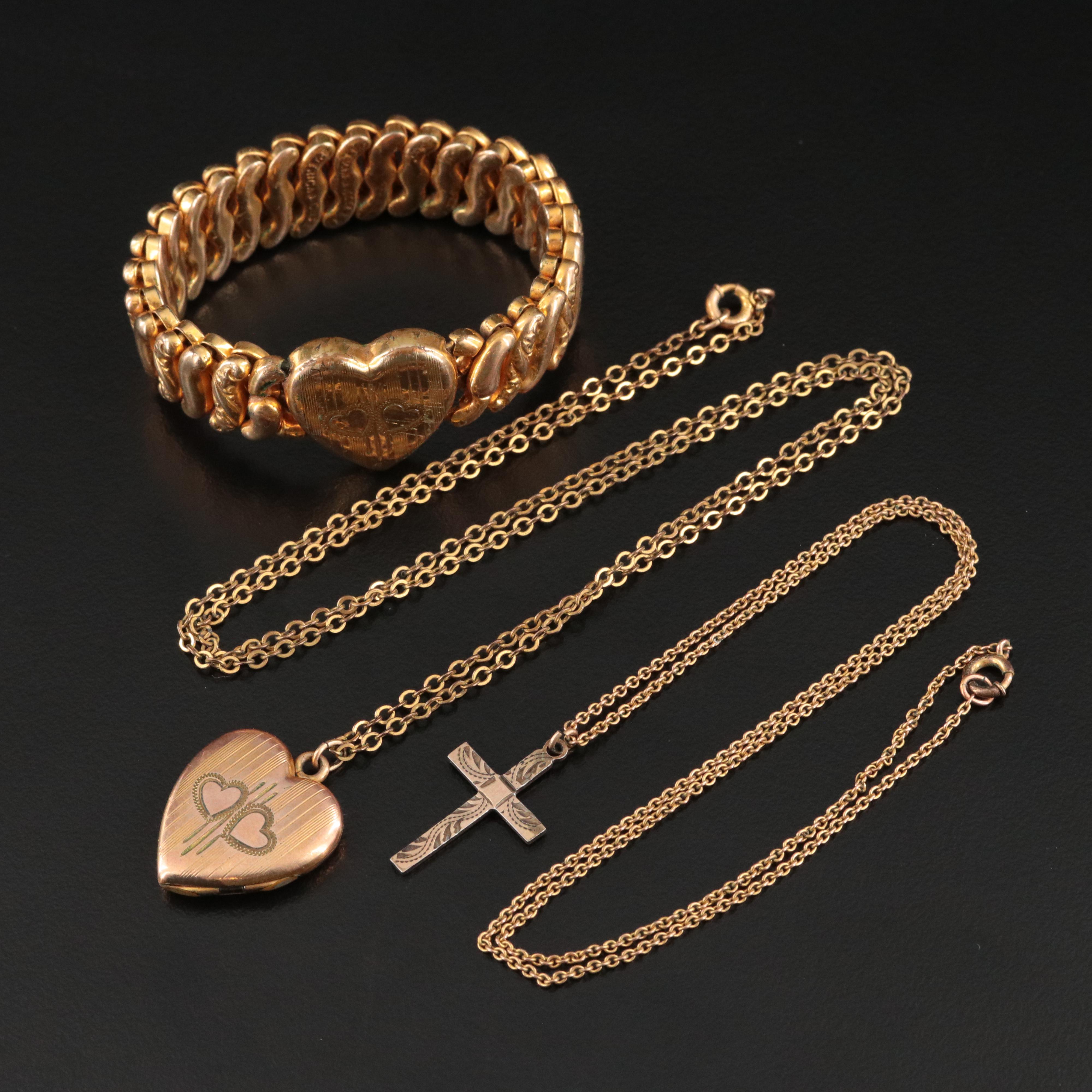 Vintage Locket Necklace and Bracelet with Cross Necklace