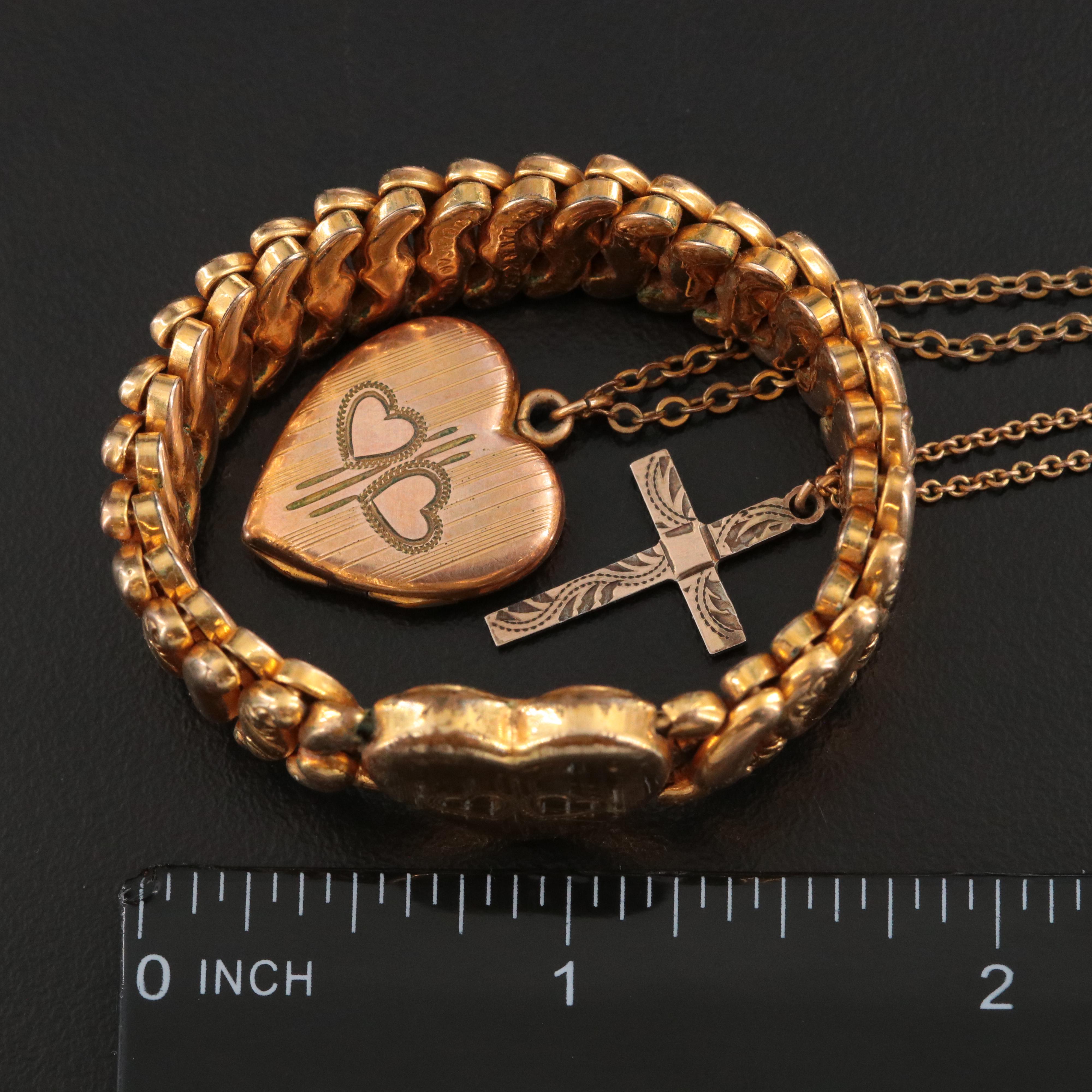 Vintage Locket Necklace and Bracelet with Cross Necklace