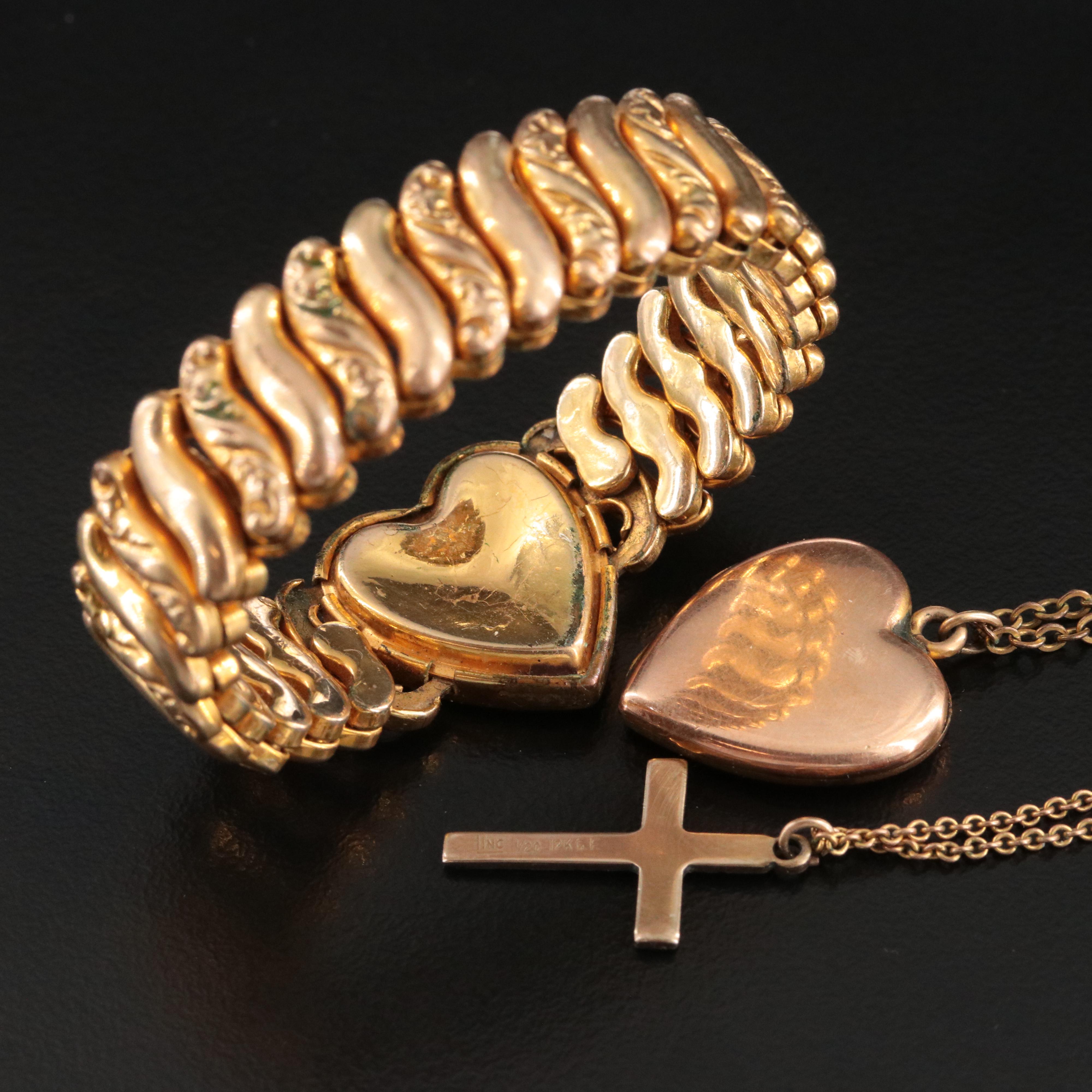 Vintage Locket Necklace and Bracelet with Cross Necklace