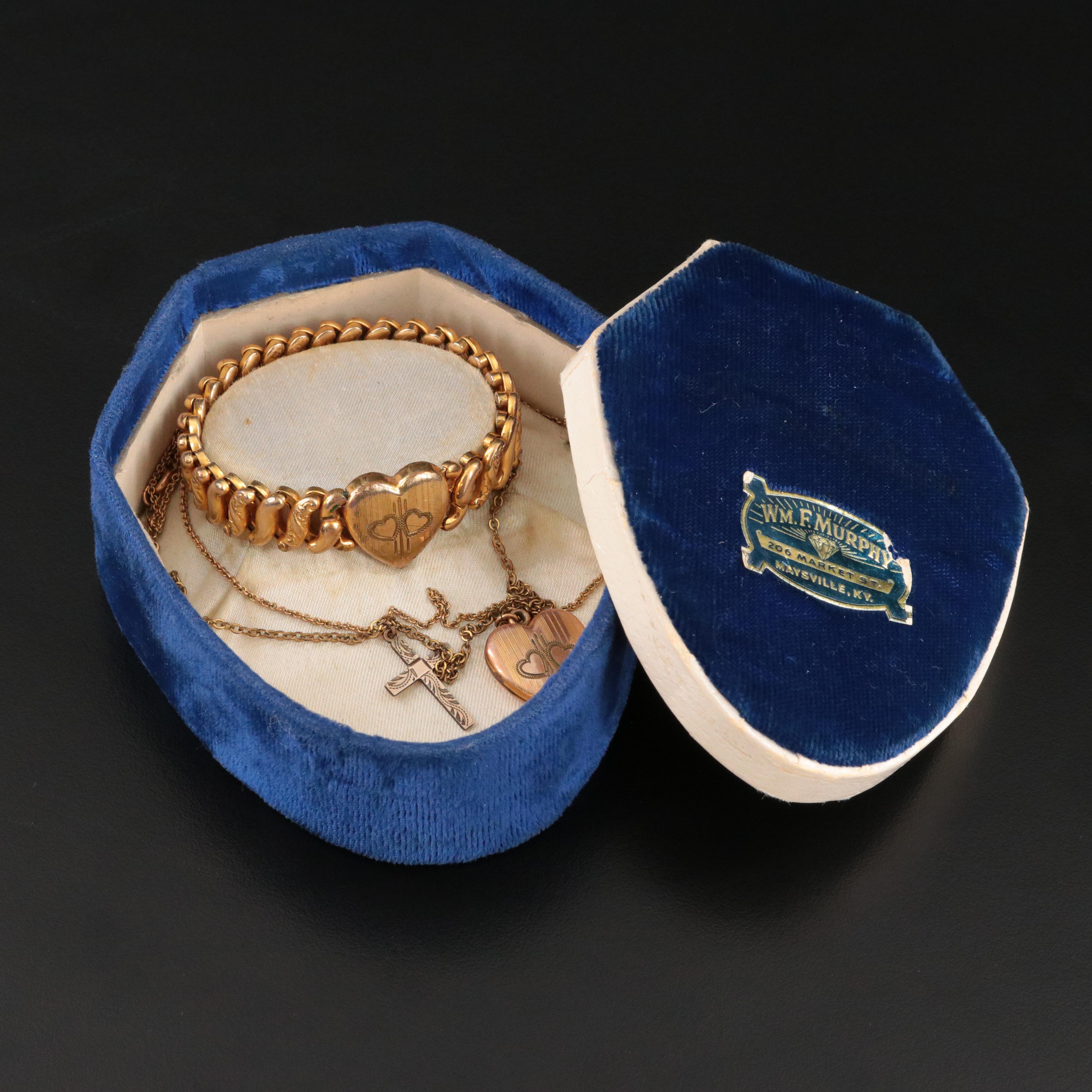 Vintage Locket Necklace and Bracelet with Cross Necklace