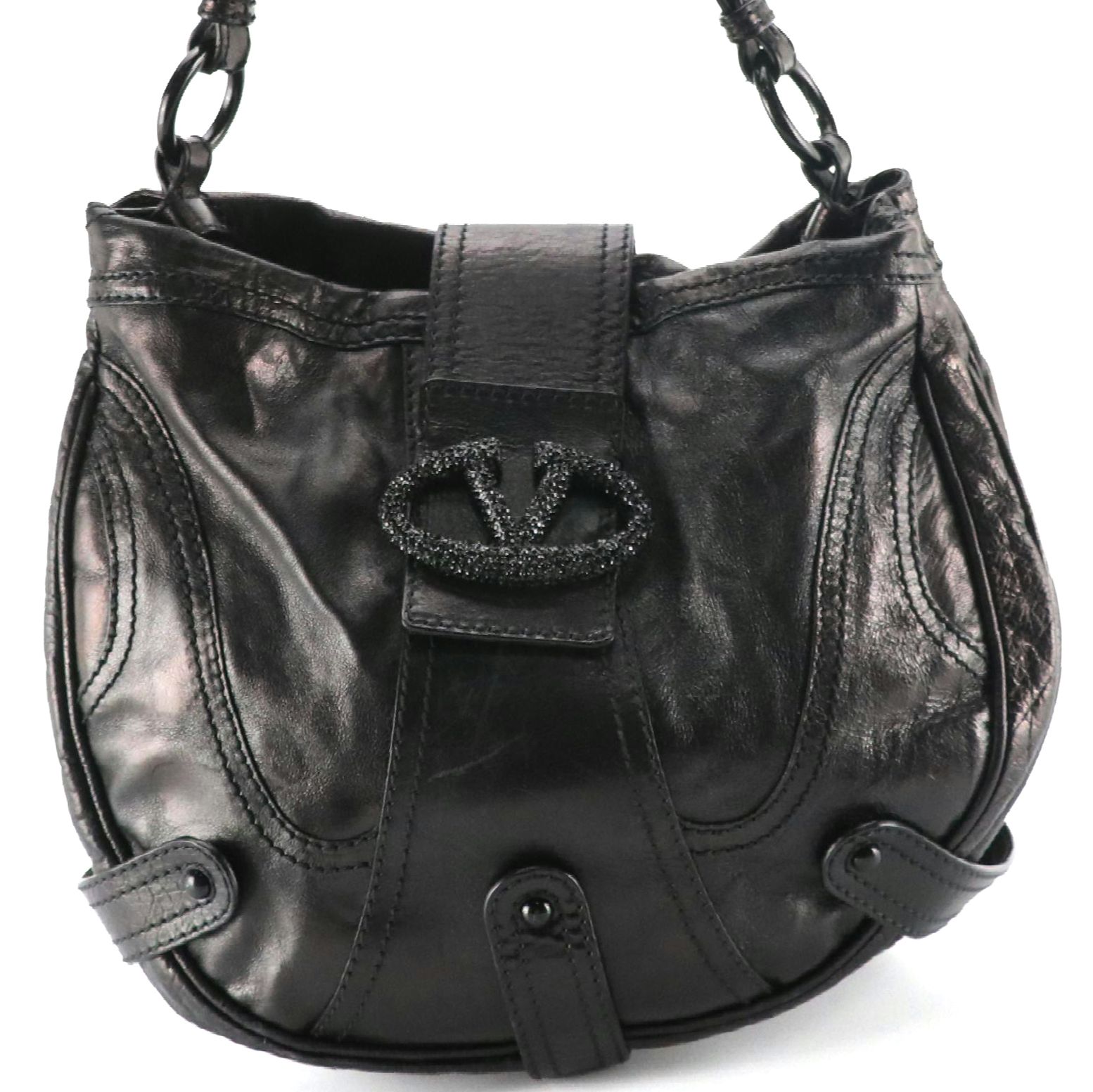 Valentino Garavani Crystal Catch Flap Hobo Bag in Shiny Black Calf Leather