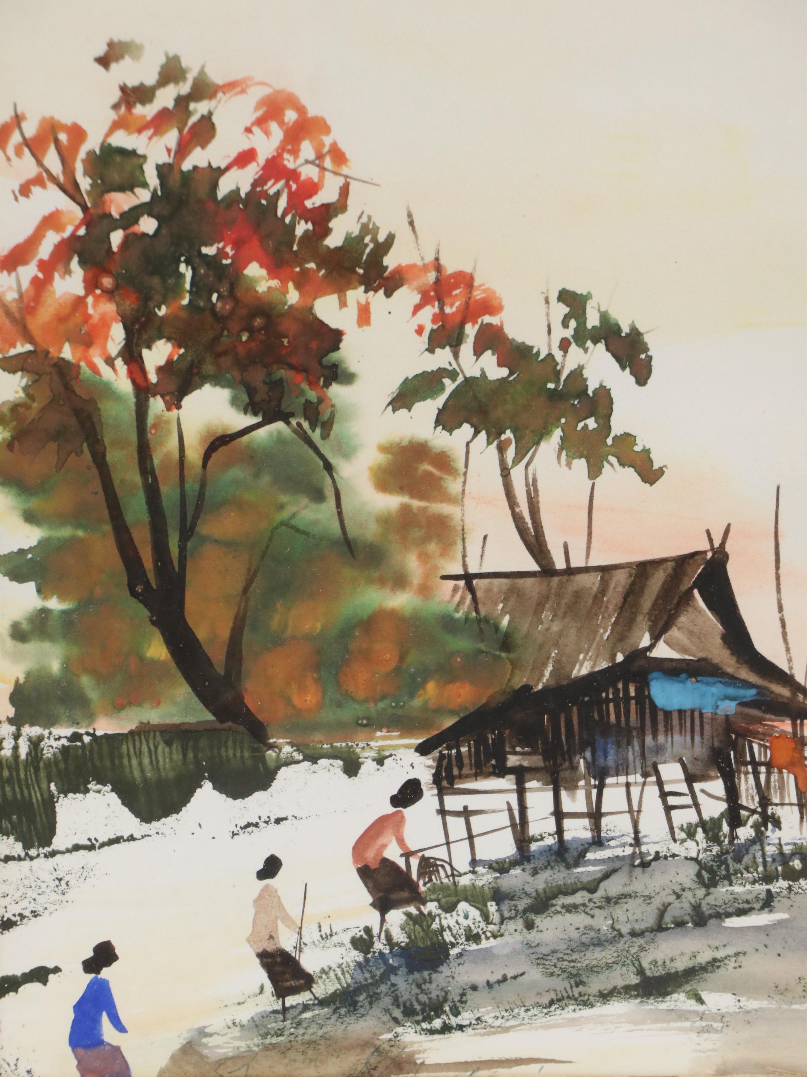 East Asian Style Watercolor Painting of Figures in Winter Garden Scene