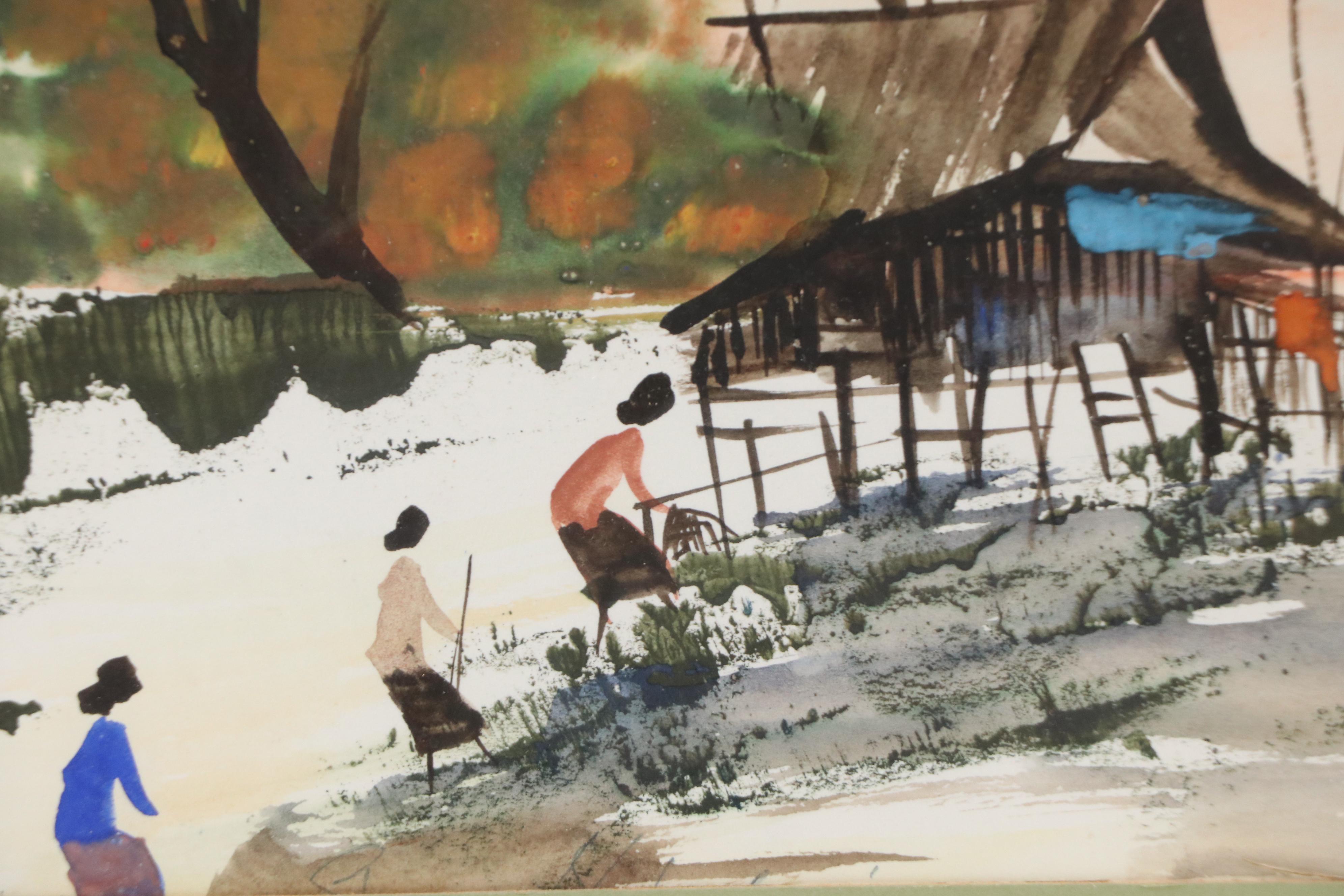East Asian Style Watercolor Painting of Figures in Winter Garden Scene
