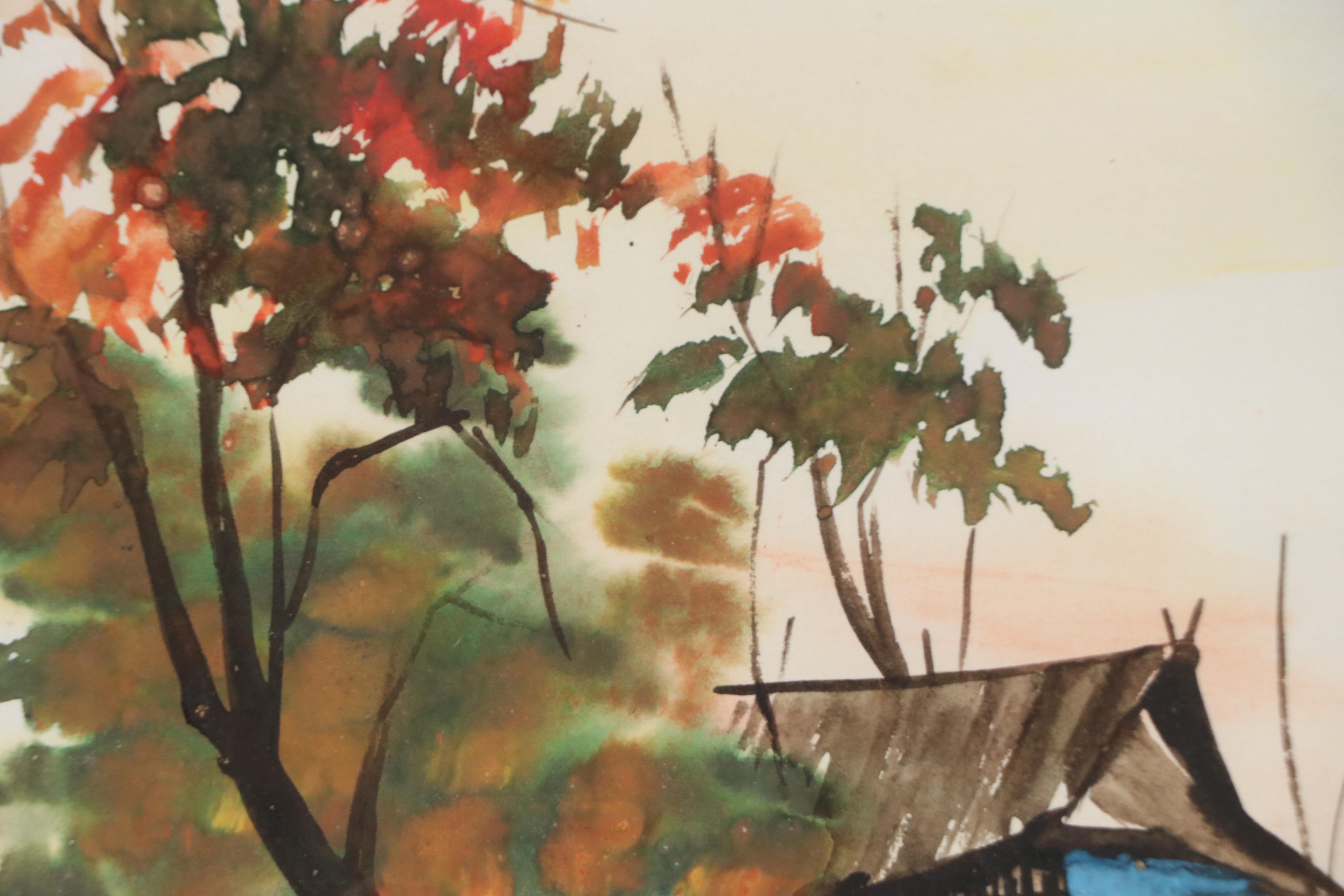 East Asian Style Watercolor Painting of Figures in Winter Garden Scene