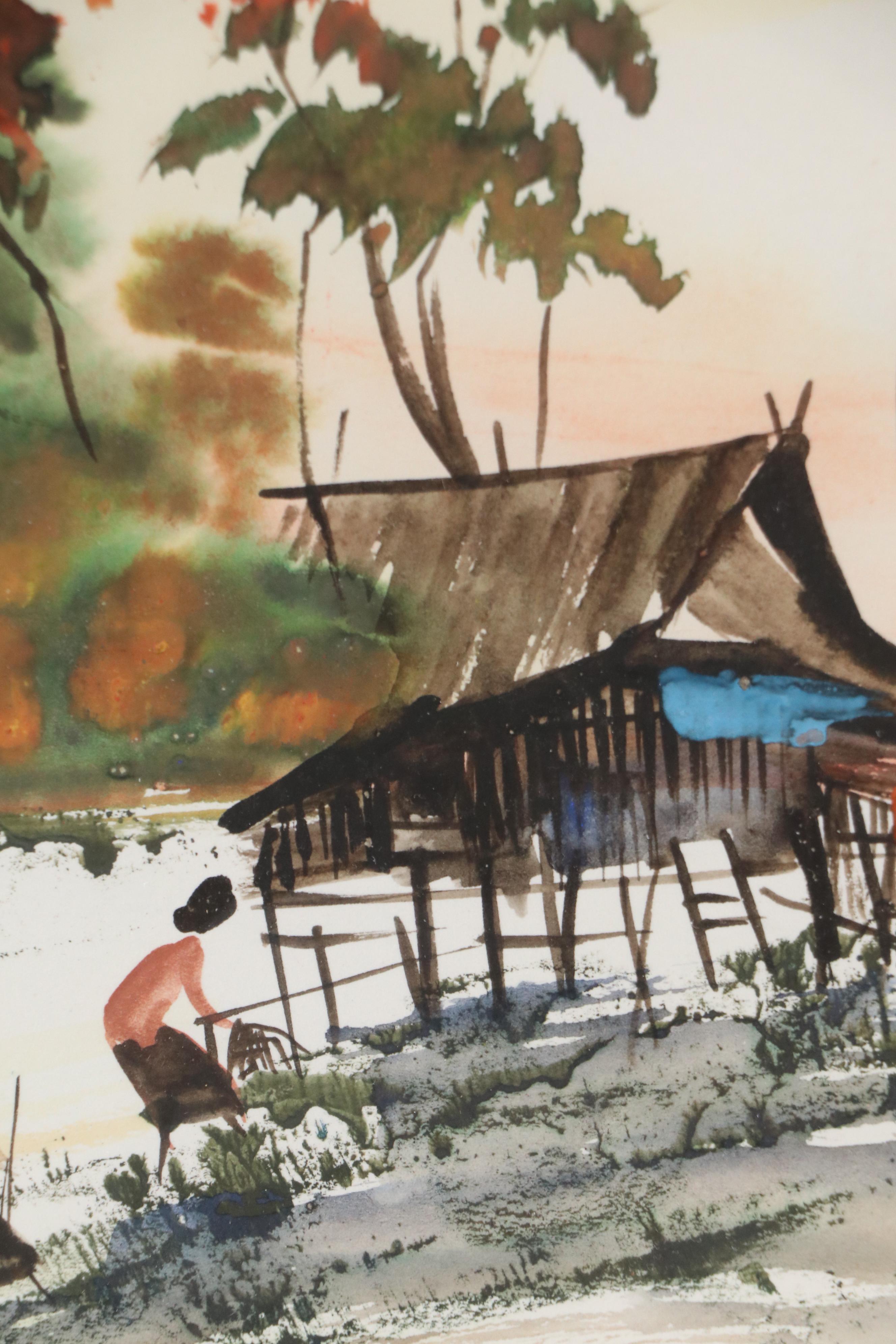 East Asian Style Watercolor Painting of Figures in Winter Garden Scene