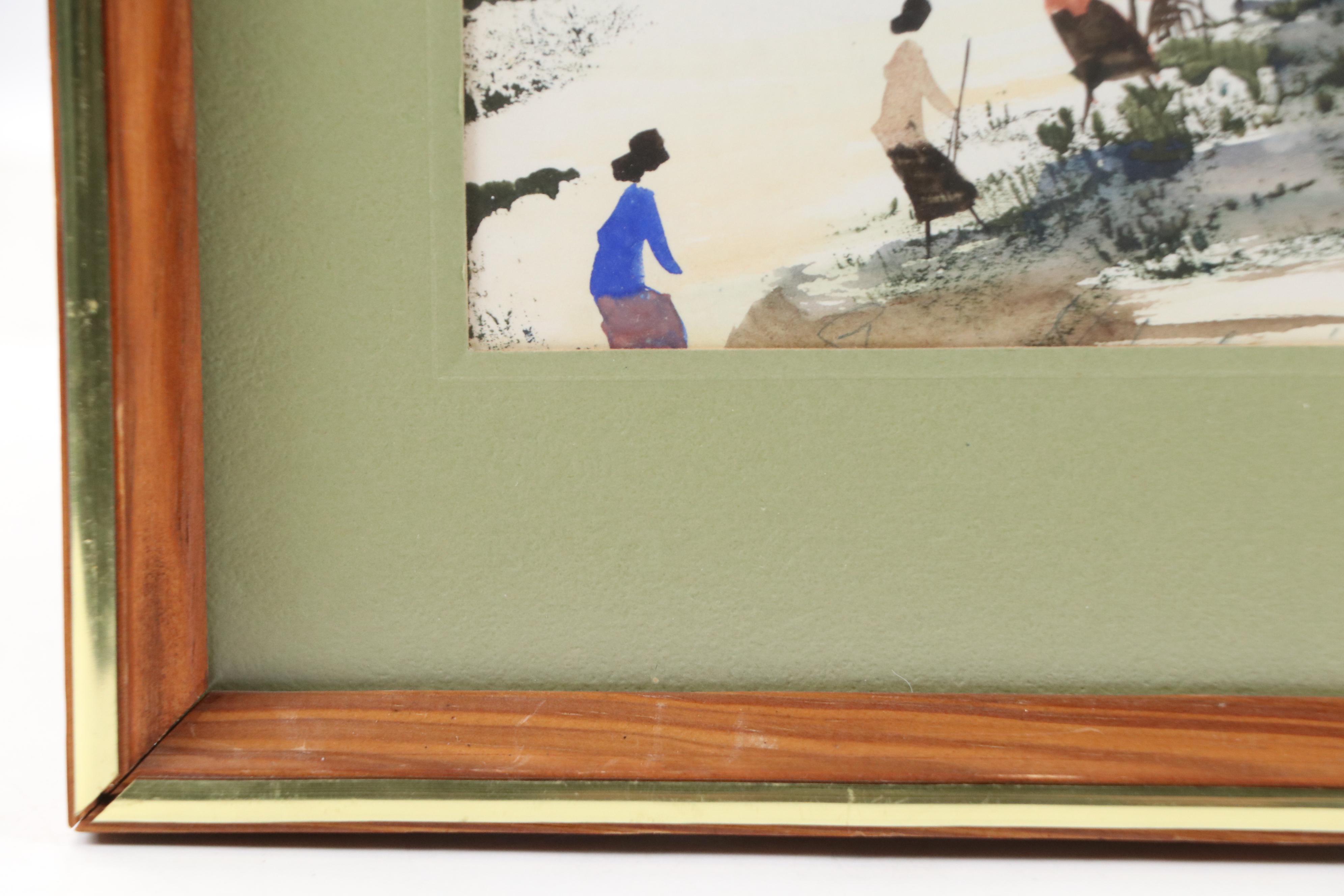 East Asian Style Watercolor Painting of Figures in Winter Garden Scene