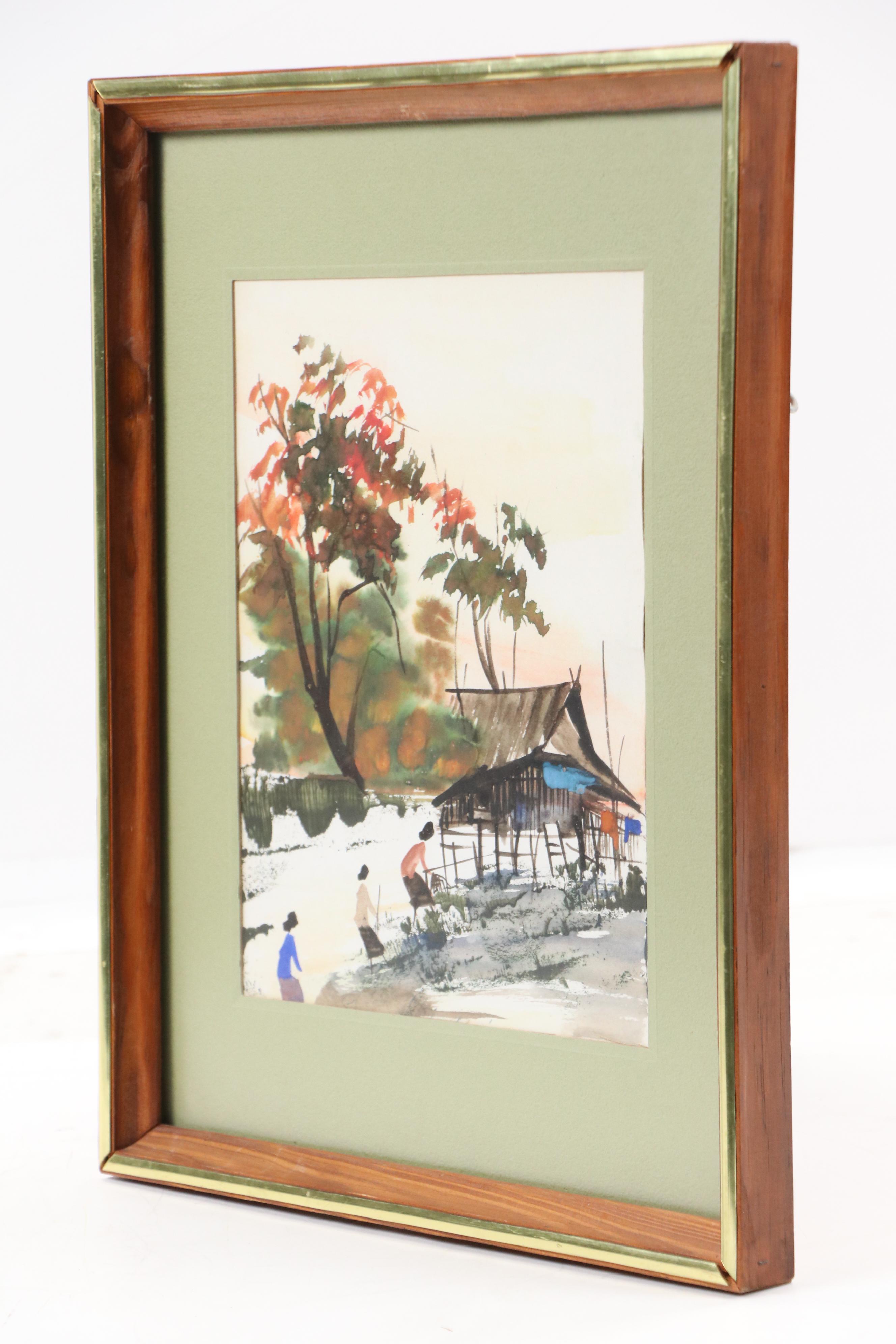 East Asian Style Watercolor Painting of Figures in Winter Garden Scene