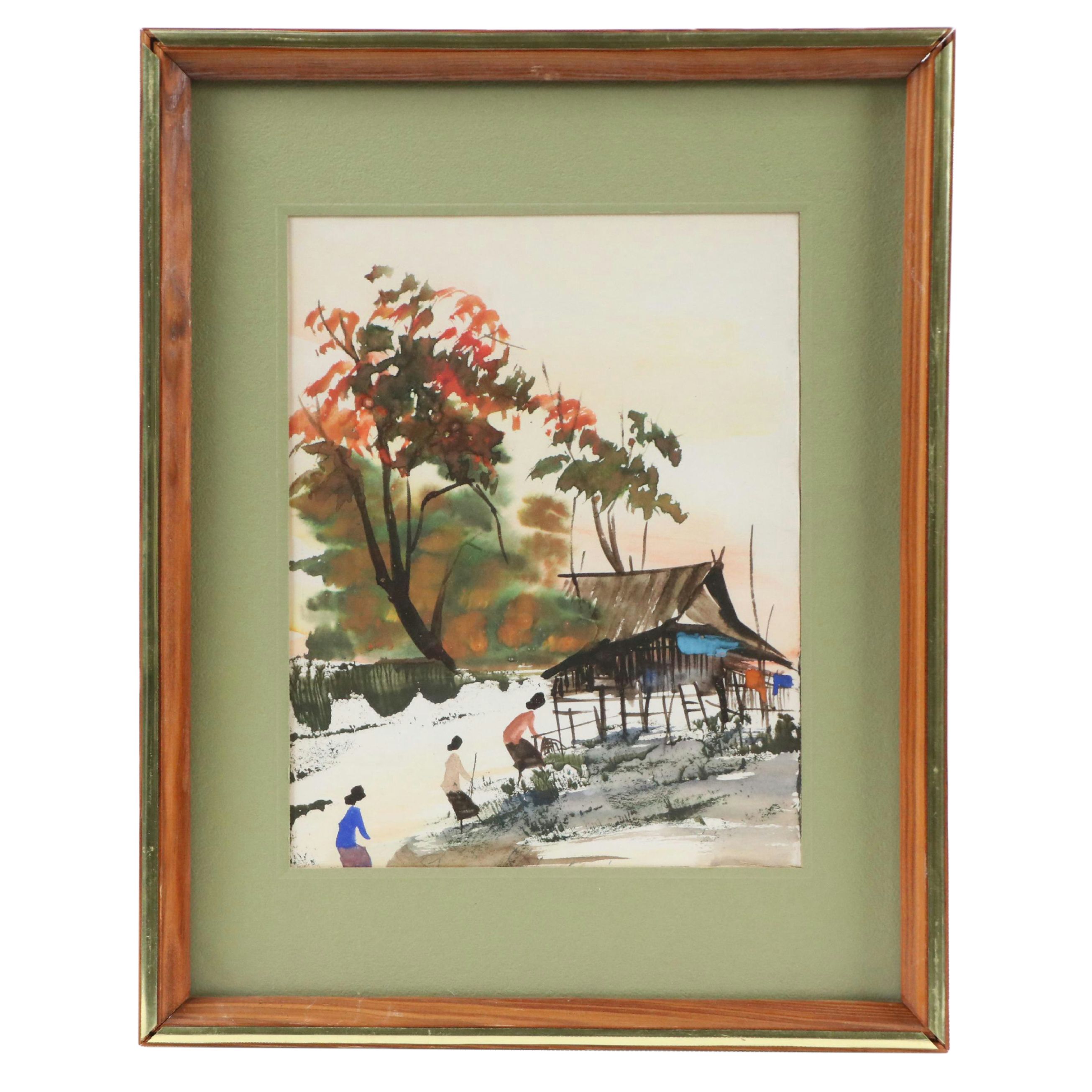 East Asian Style Watercolor Painting of Figures in Winter Garden Scene