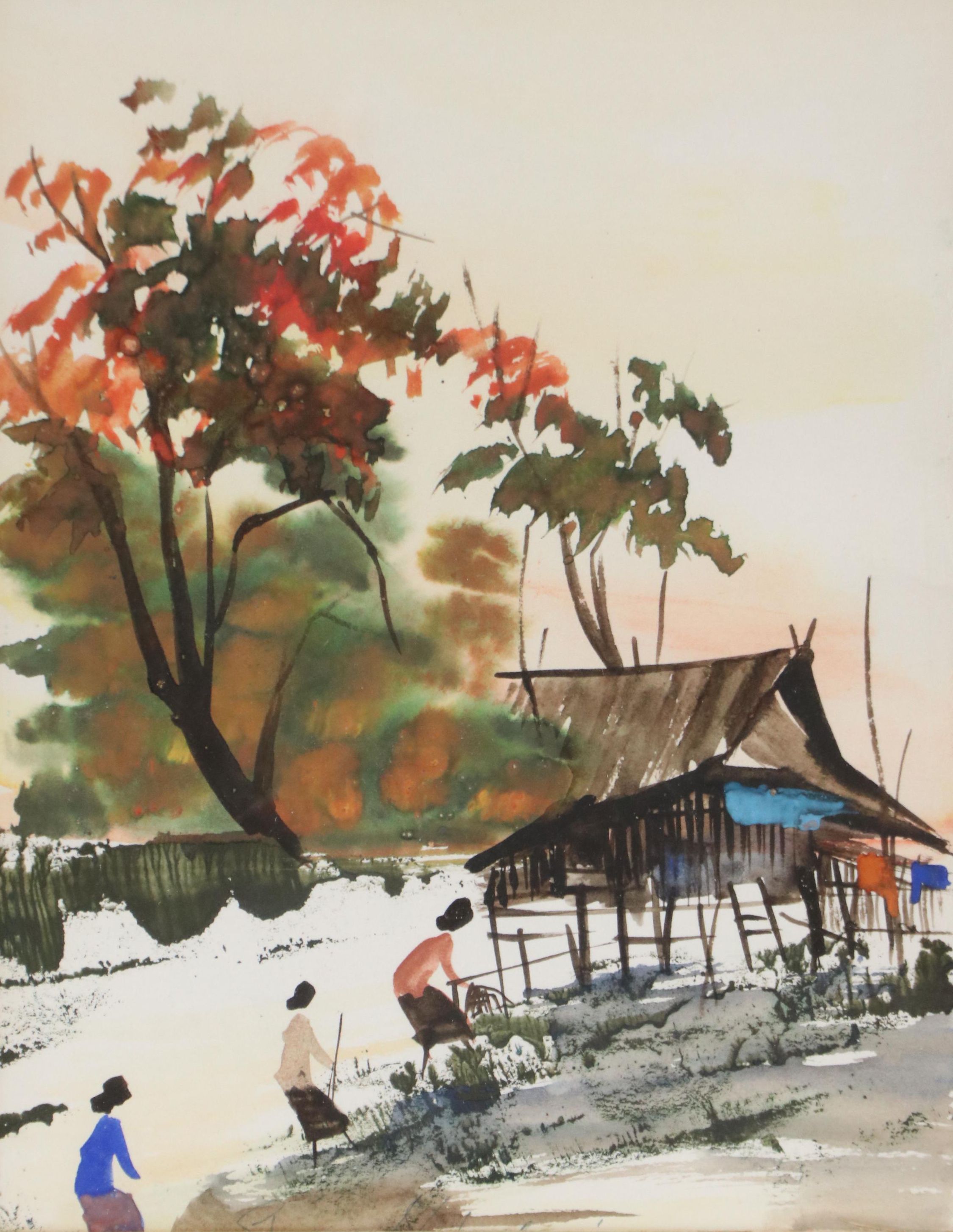 East Asian Style Watercolor Painting of Figures in Winter Garden Scene