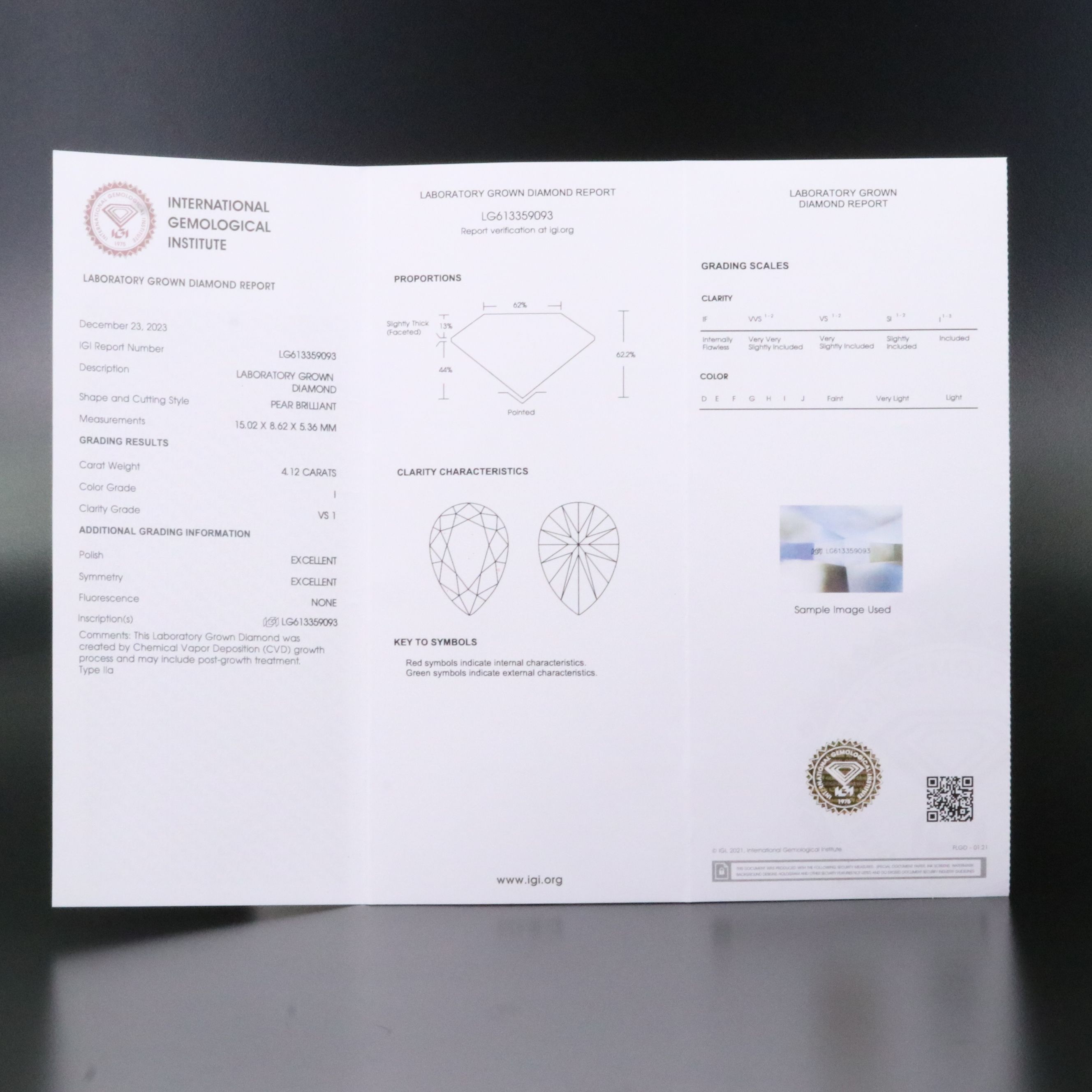 Loose 4.12 CT Lab Grown Diamond with IGI Report