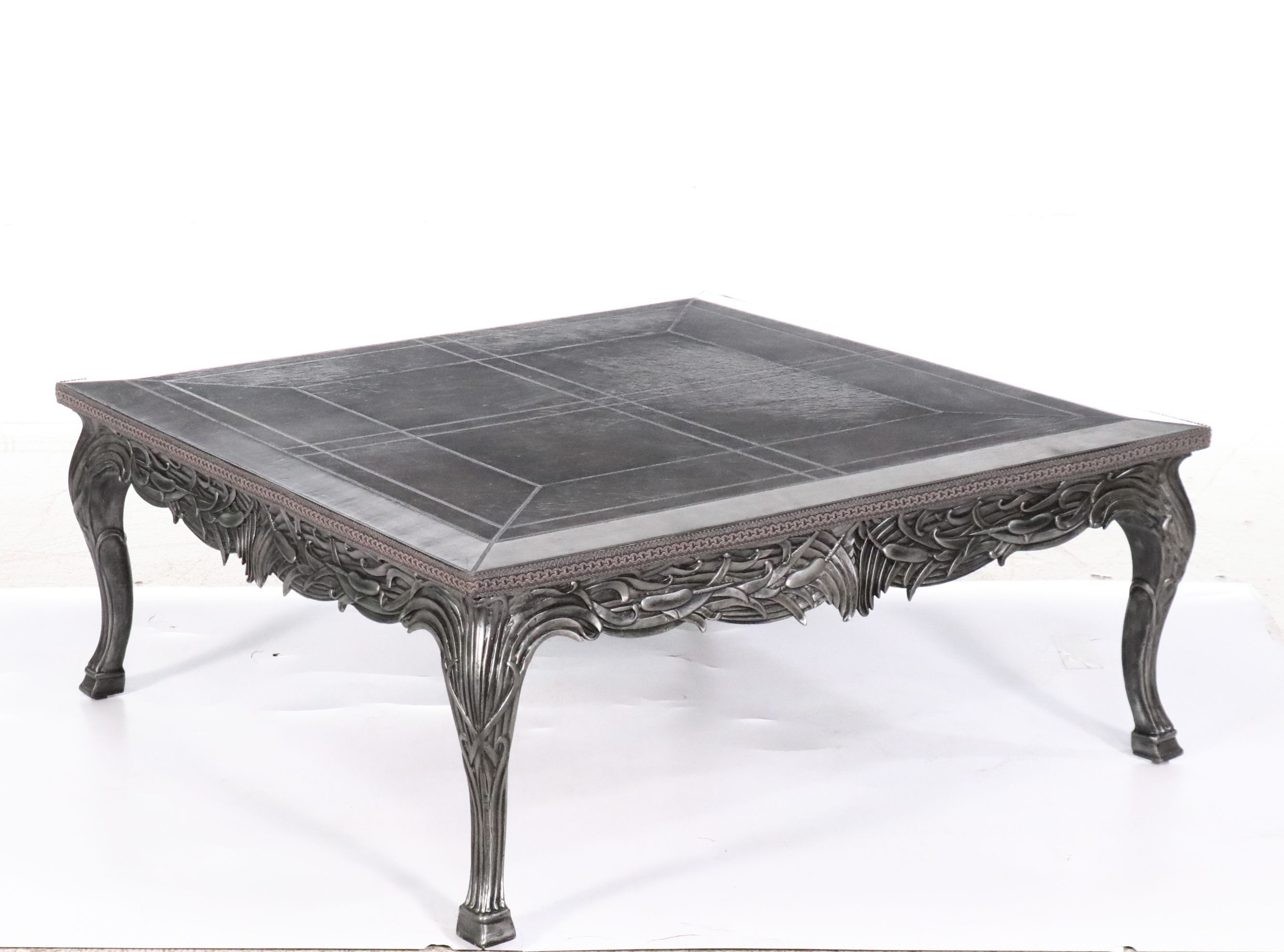 Modern Art Nouveau Style Cast Metal Leather Top Coffee Table