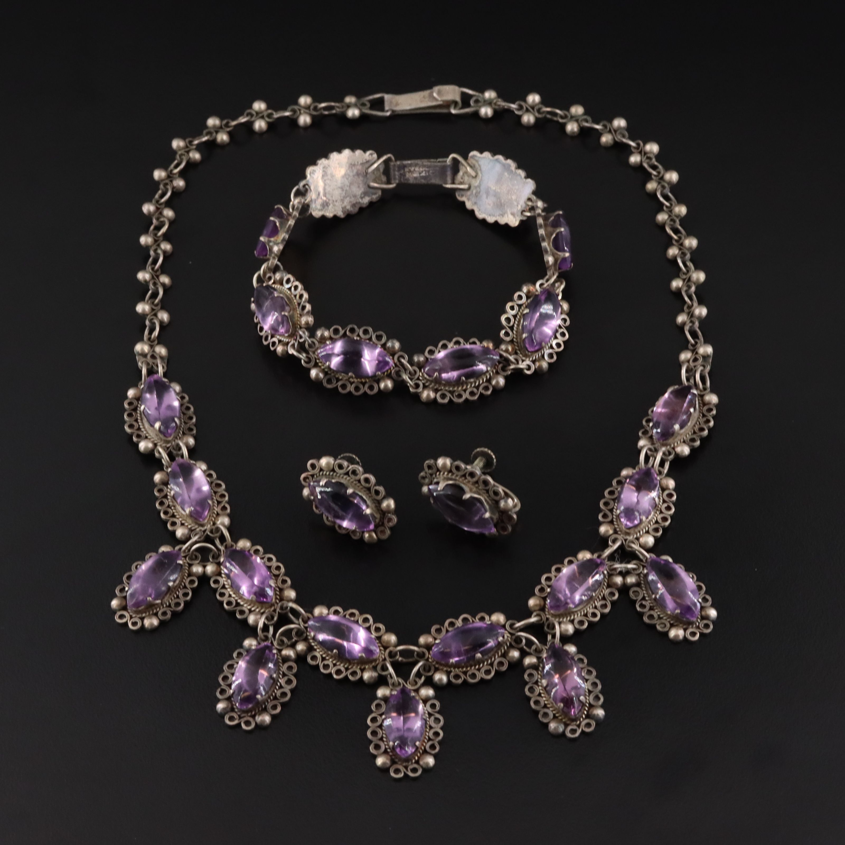 Mexican Modernist Sterling Amethyst Glass Jewelry Set