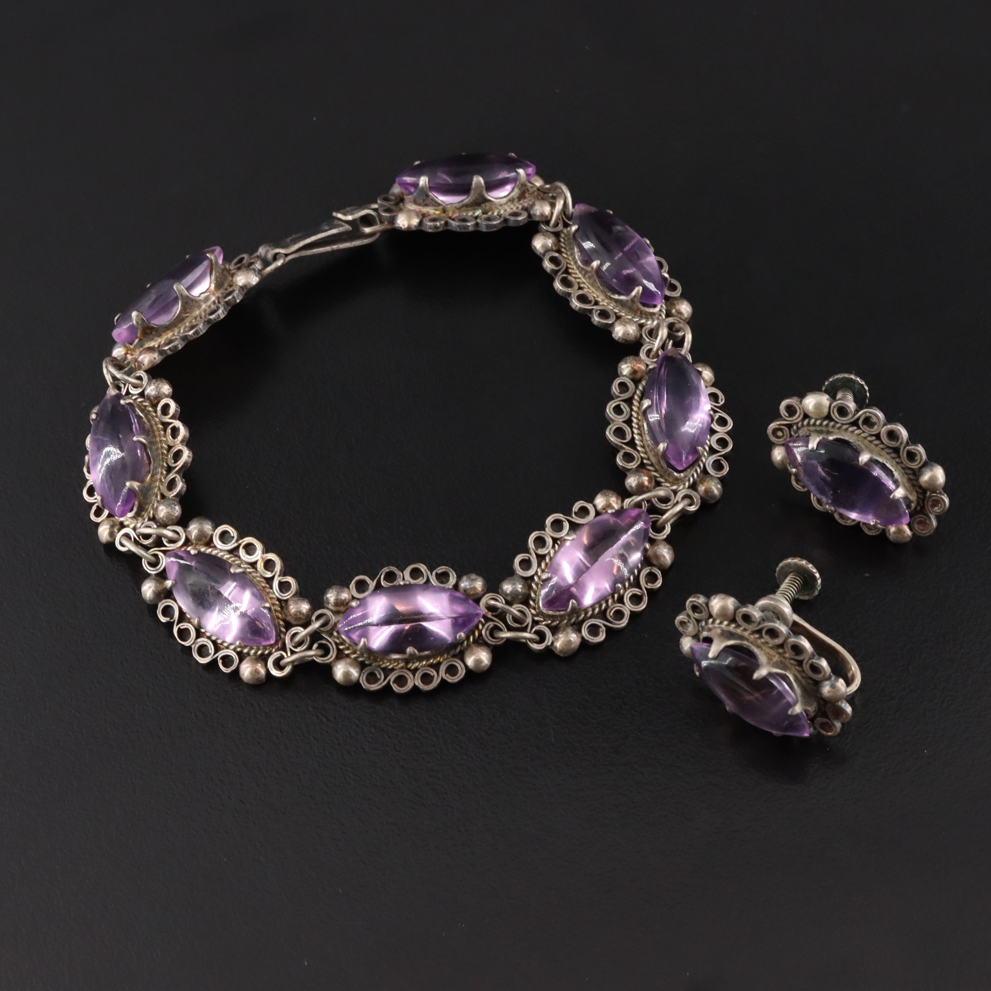 Mexican Modernist Sterling Amethyst Glass Jewelry Set