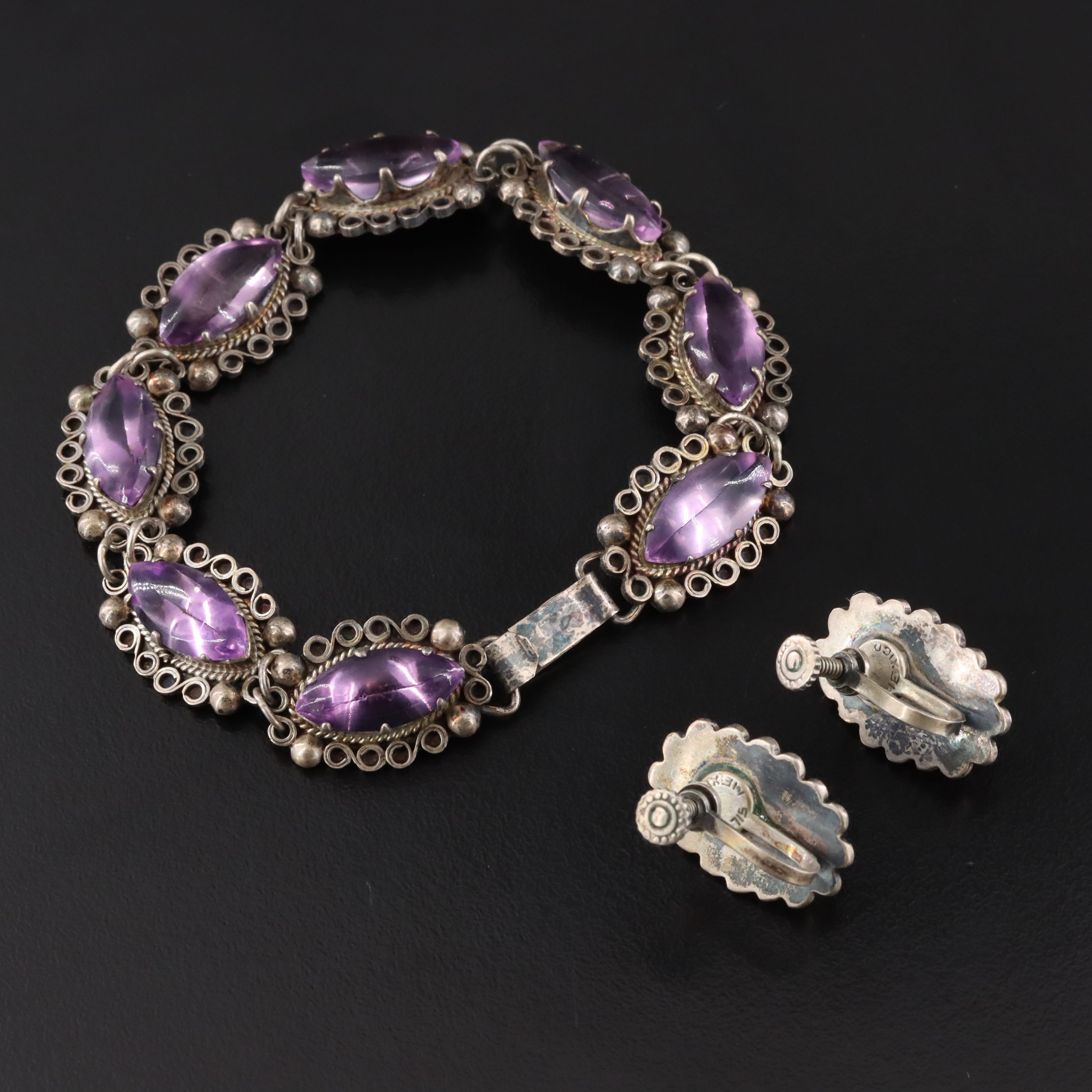 Mexican Modernist Sterling Amethyst Glass Jewelry Set