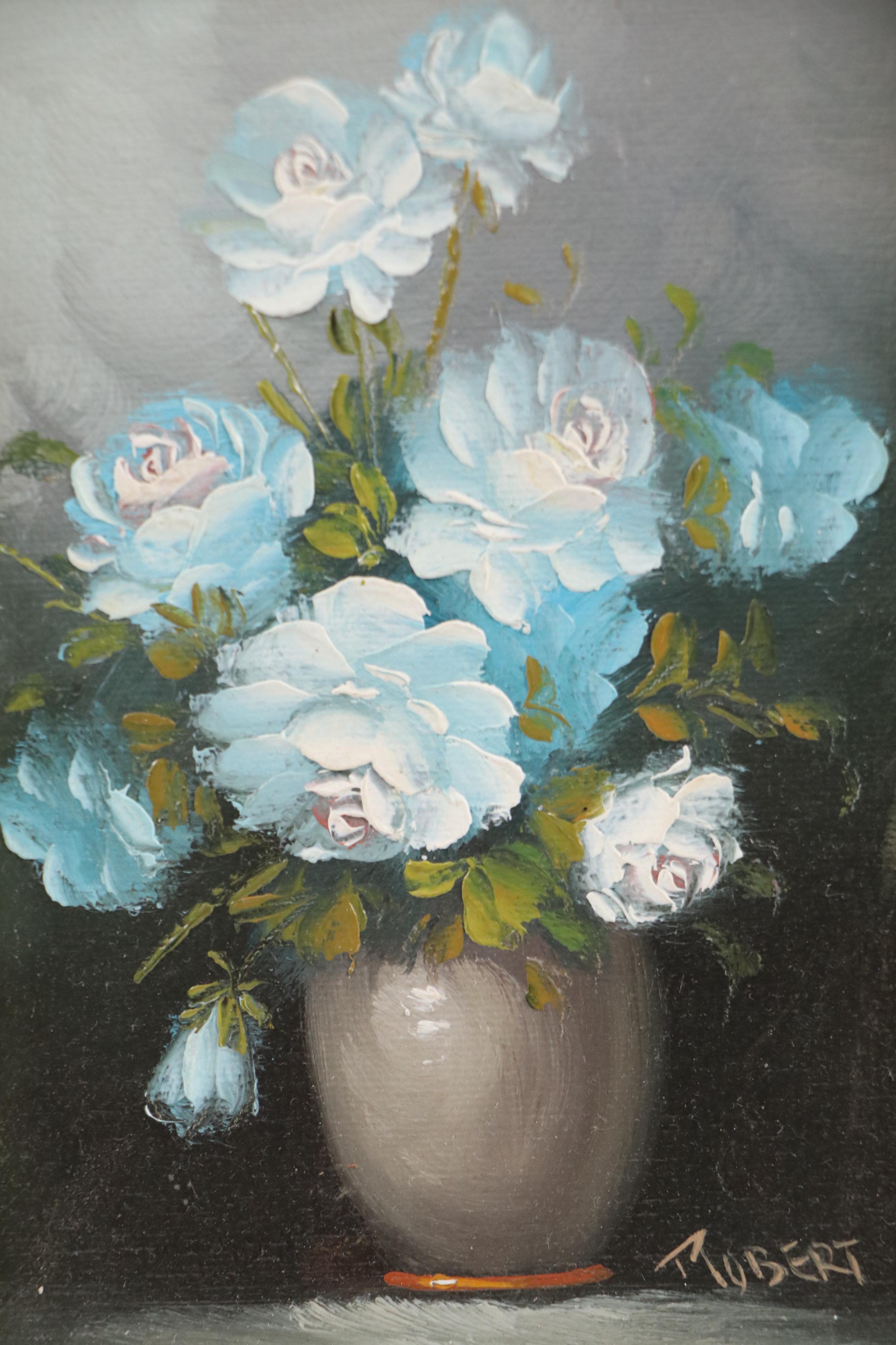 Robert Cox Still Life Oil Painting of White Roses, 20th Century