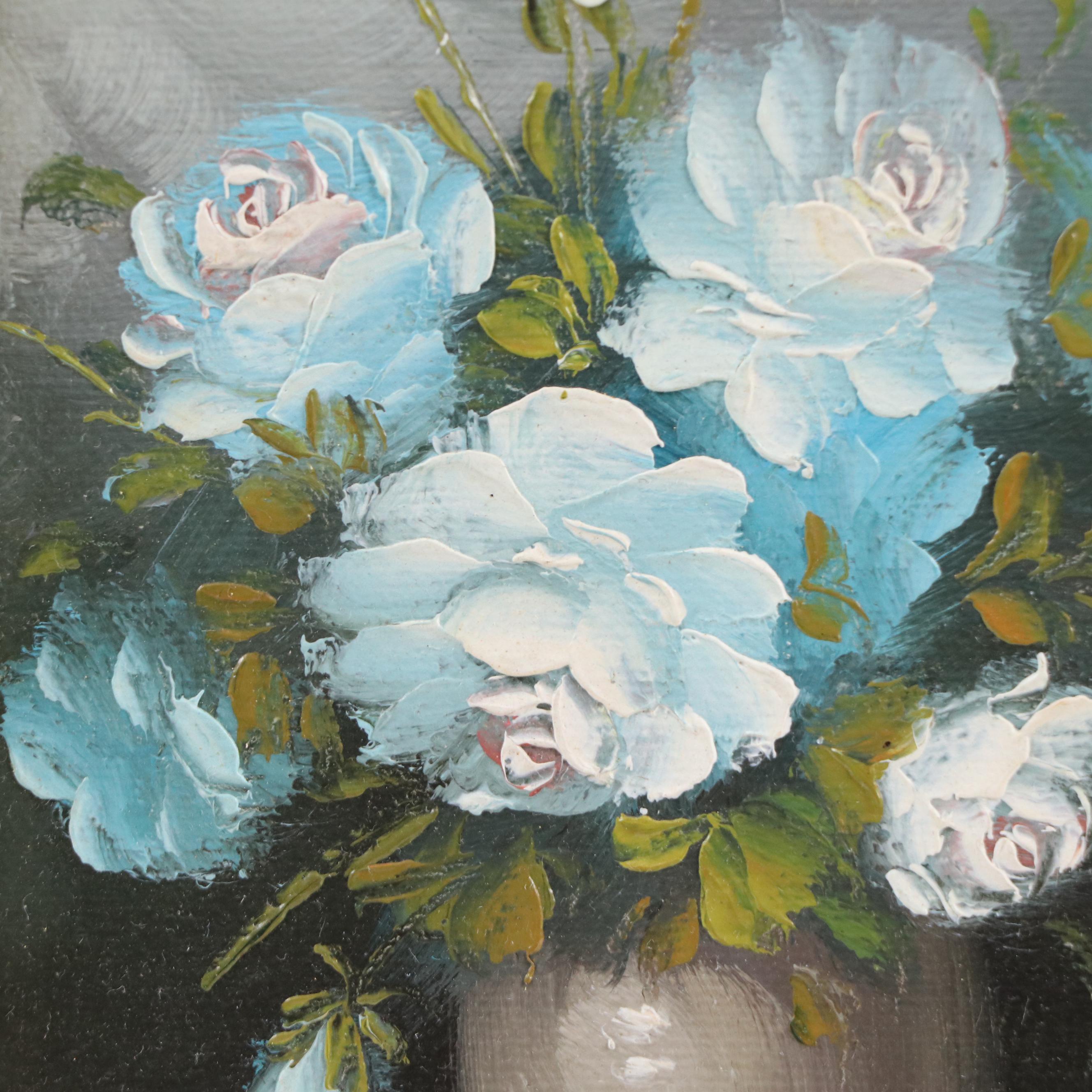 Robert Cox Still Life Oil Painting of White Roses, 20th Century