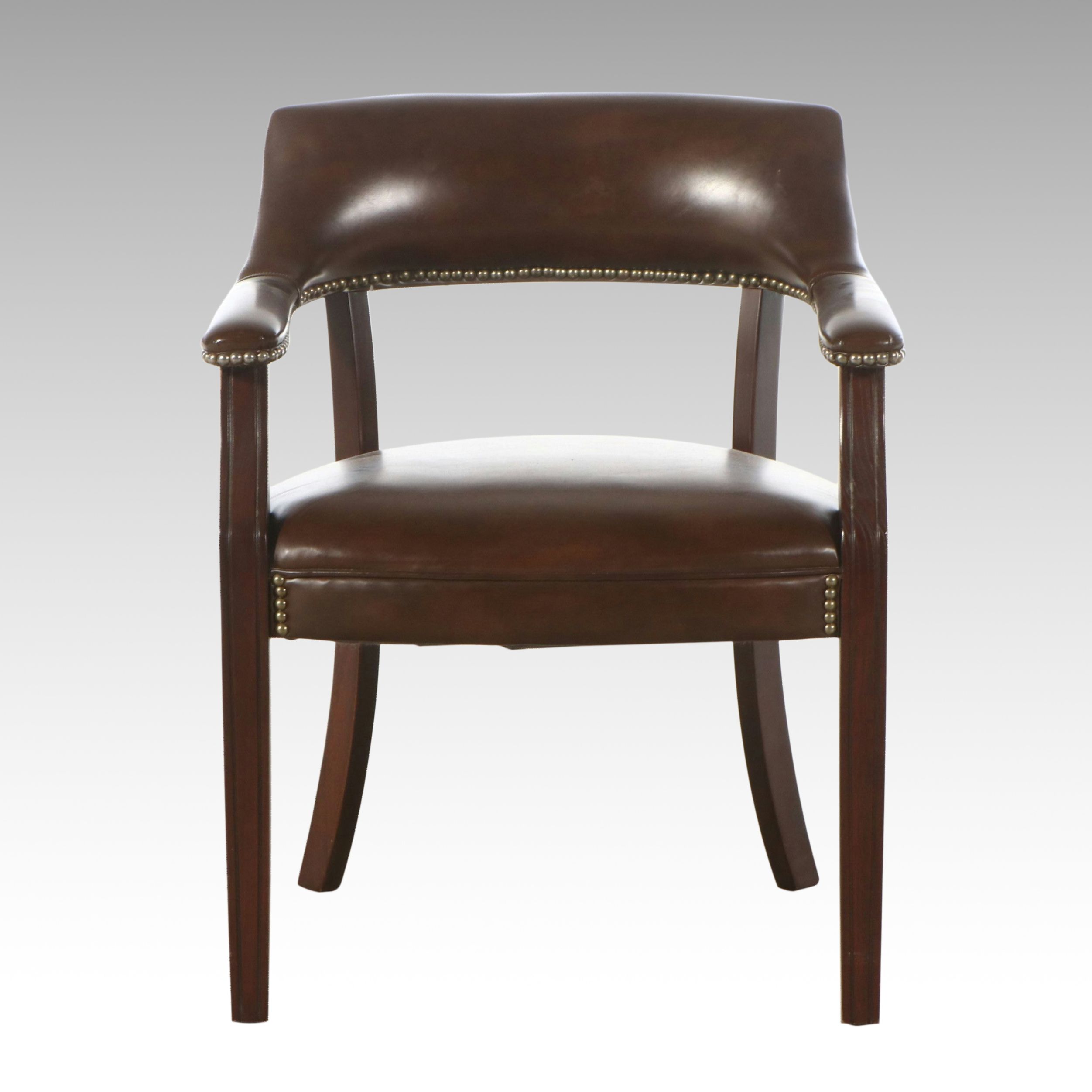 Regency Style Walnut Finish and Upholstered Barrel Back Visitor's Chair
