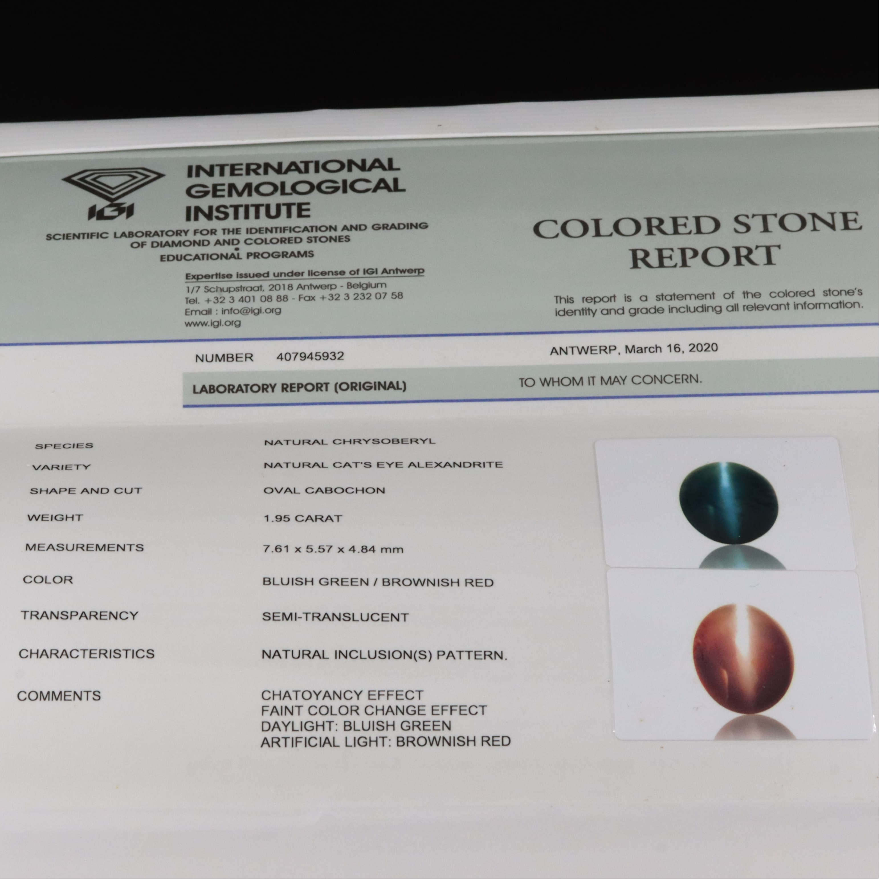 14K 1.95 CT Cat's Eye Alexandrite and 1.94 CTW Diamond Necklace with IGI Report