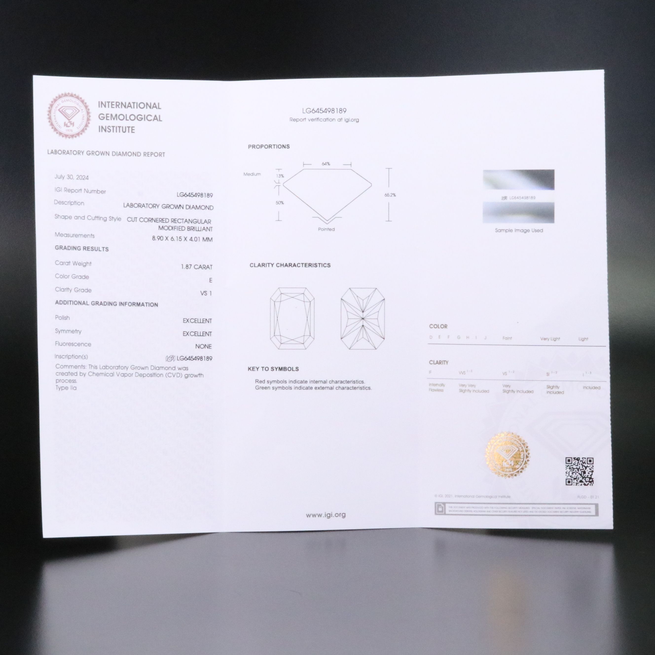 Loose 1.87 CT Lab Grown Diamond with IGI Report