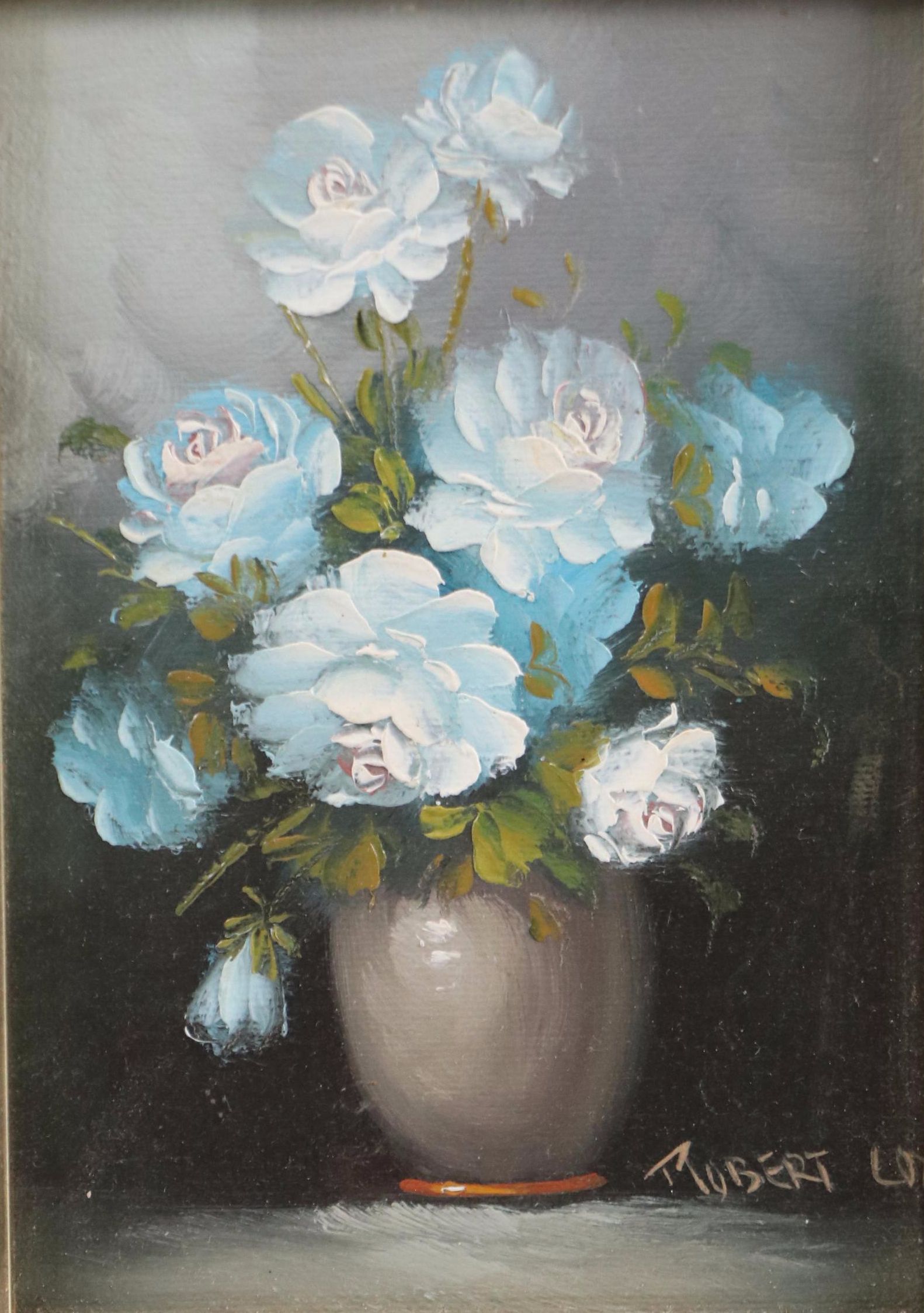 Robert Cox Still Life Oil Painting of White Roses, 20th Century