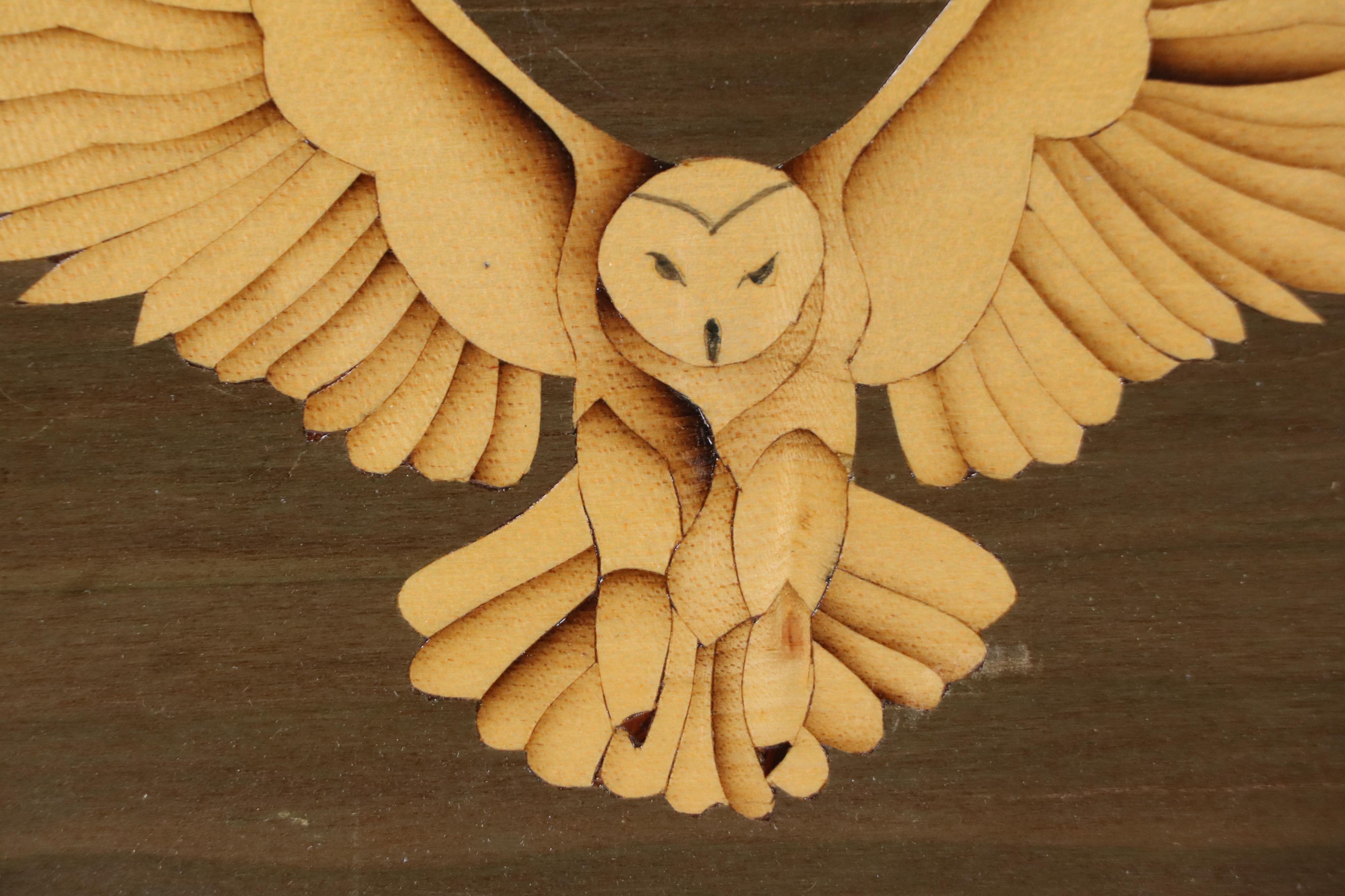 Wooden Marquetry Panel of Barn Owl Under Moon with Inlaid Mother of Pearl