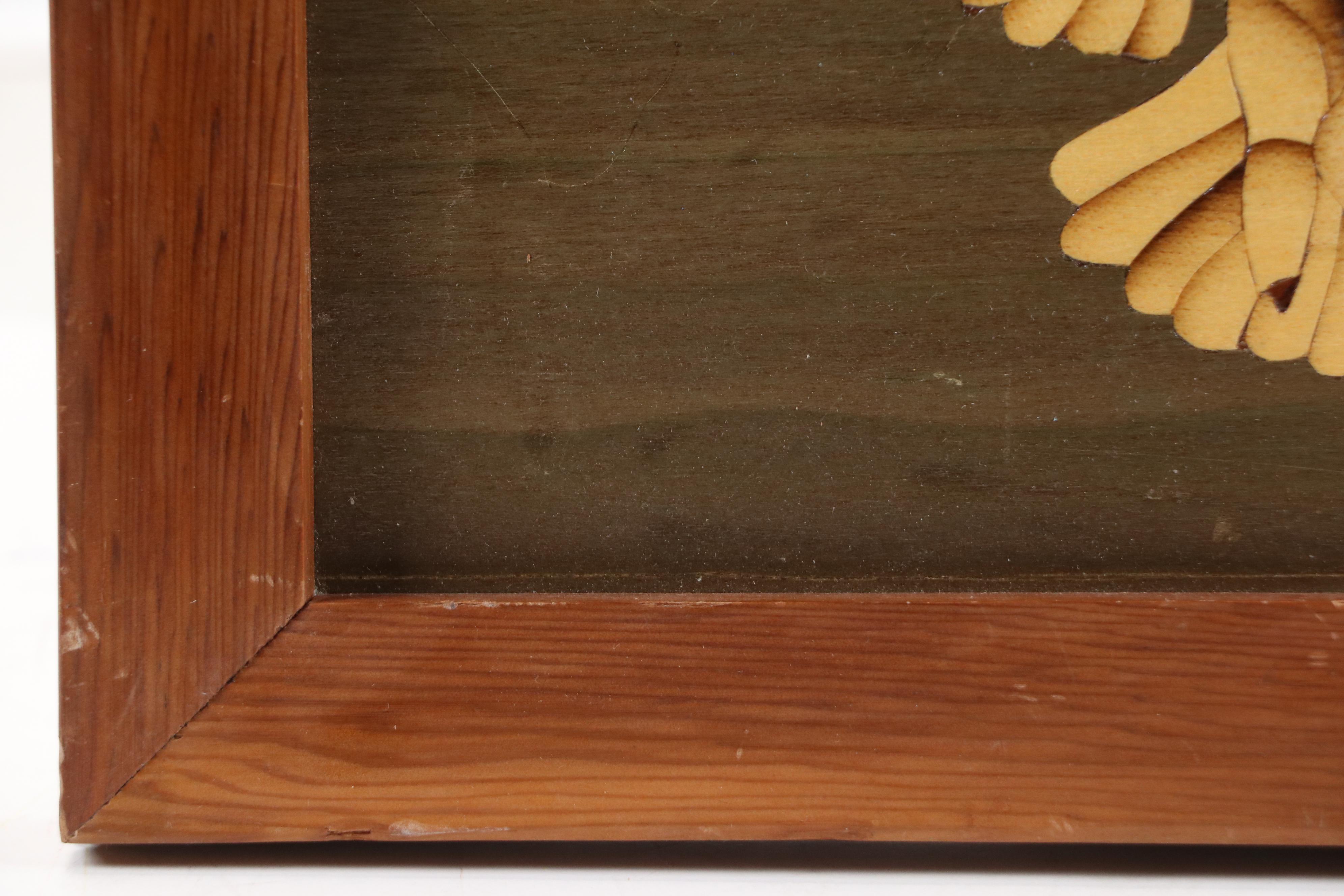 Wooden Marquetry Panel of Barn Owl Under Moon with Inlaid Mother of Pearl