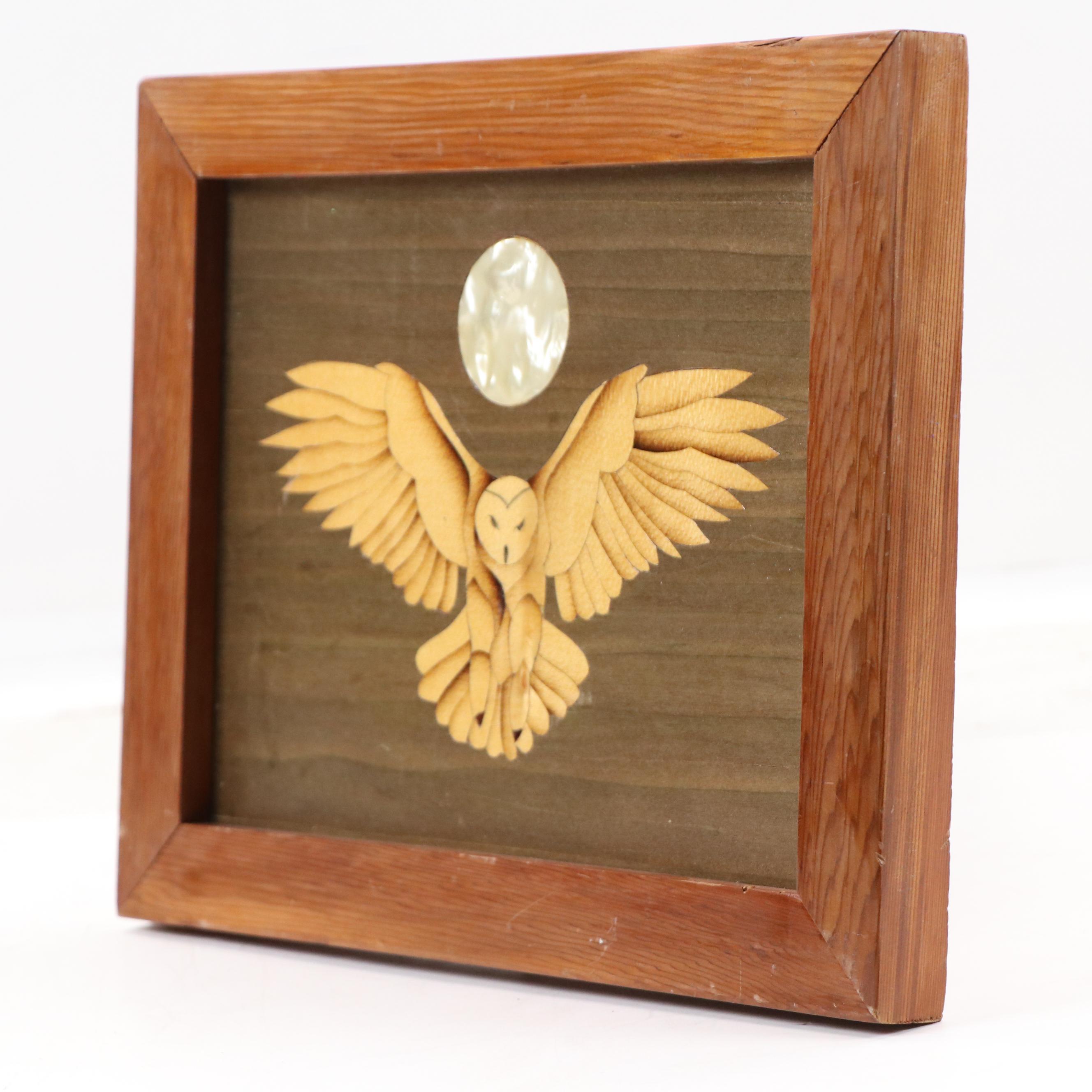 Wooden Marquetry Panel of Barn Owl Under Moon with Inlaid Mother of Pearl