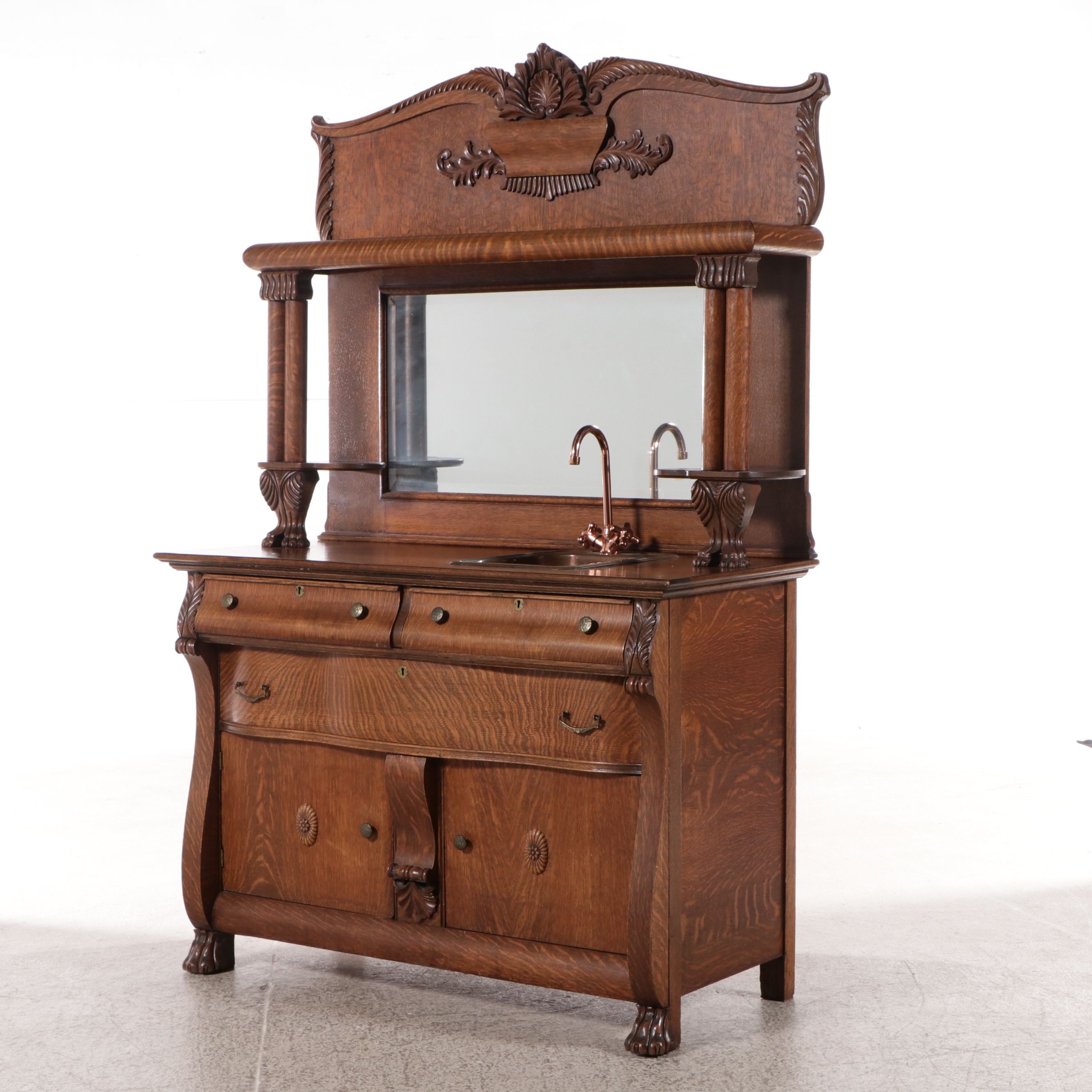 Renaissance Revival Style Oak Mirror Back Buffet Converted to Bar