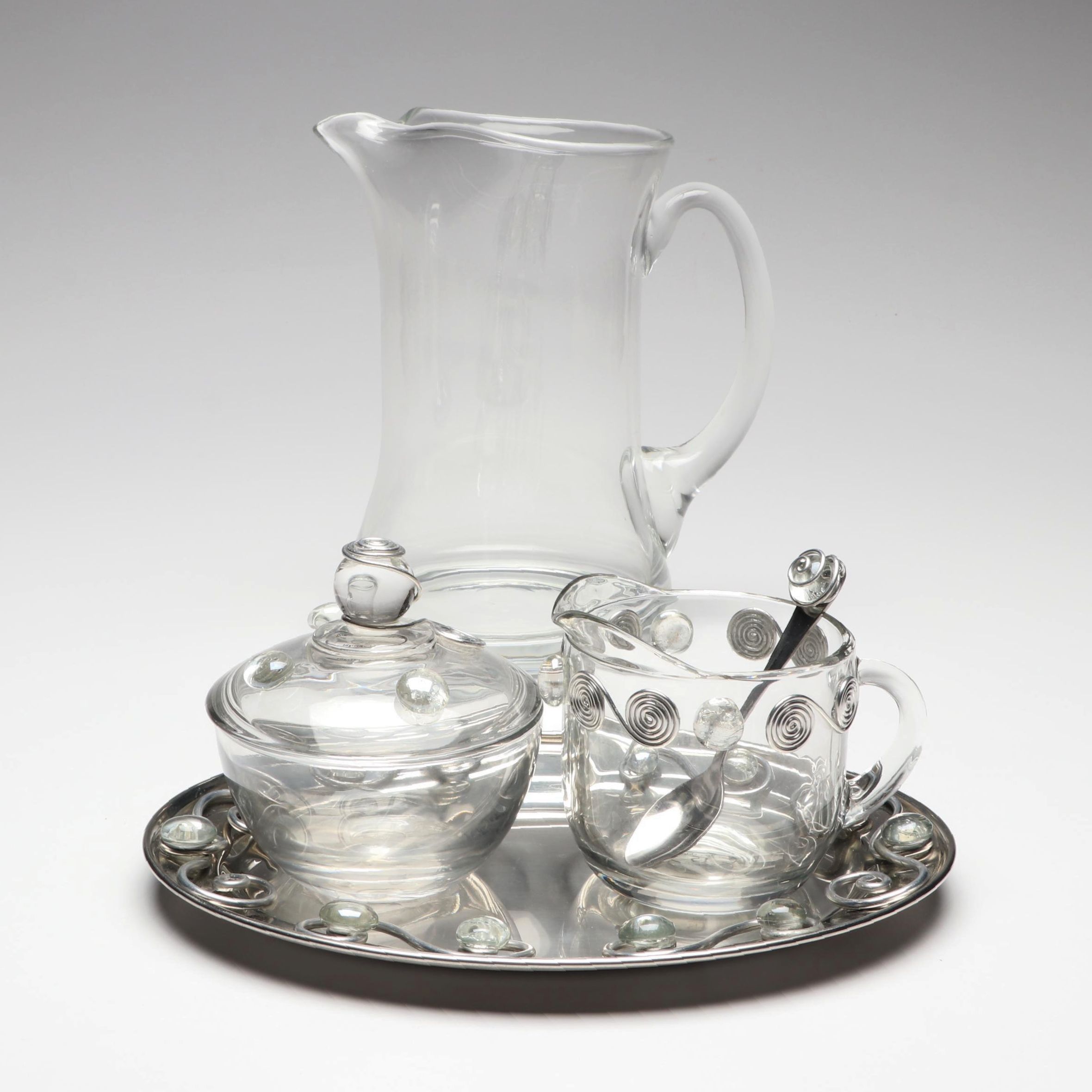 Dary Rees Original Jeweled Creamer and Sugar Bowl Set with Krosno Glass Pitcher