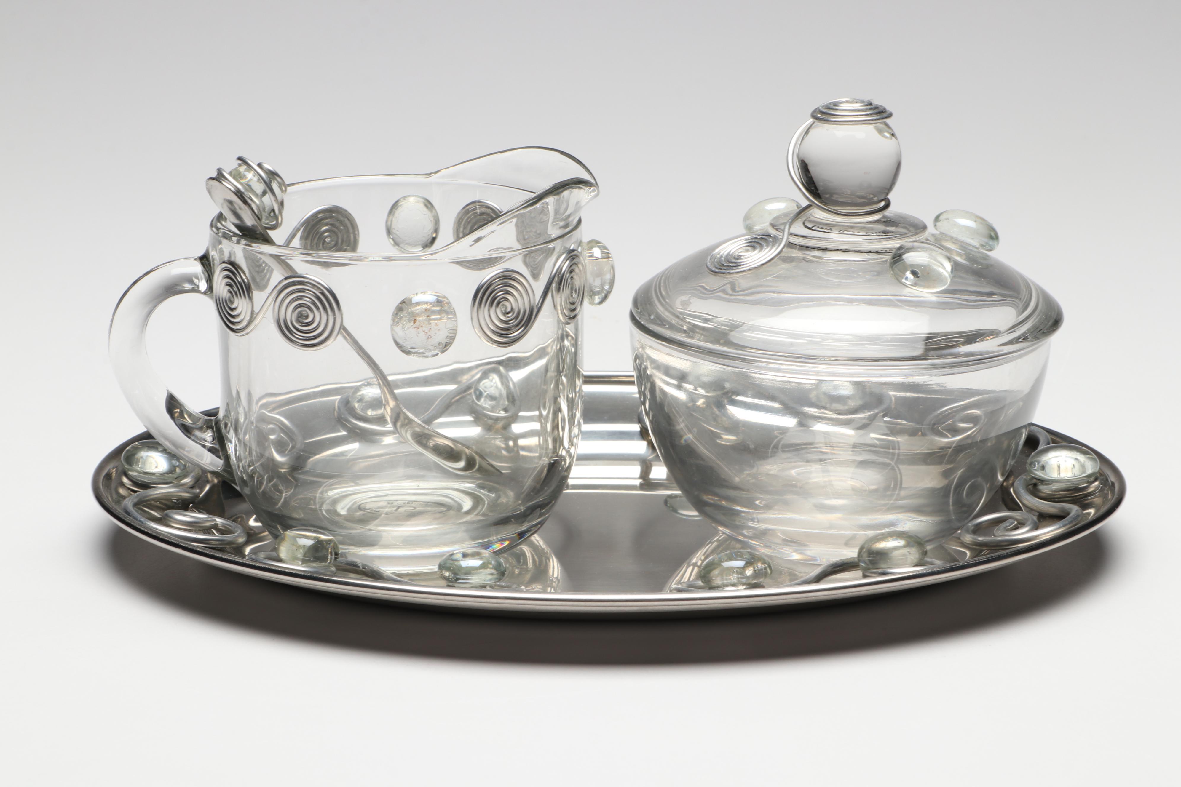 Dary Rees Original Jeweled Creamer and Sugar Bowl Set with Krosno Glass Pitcher