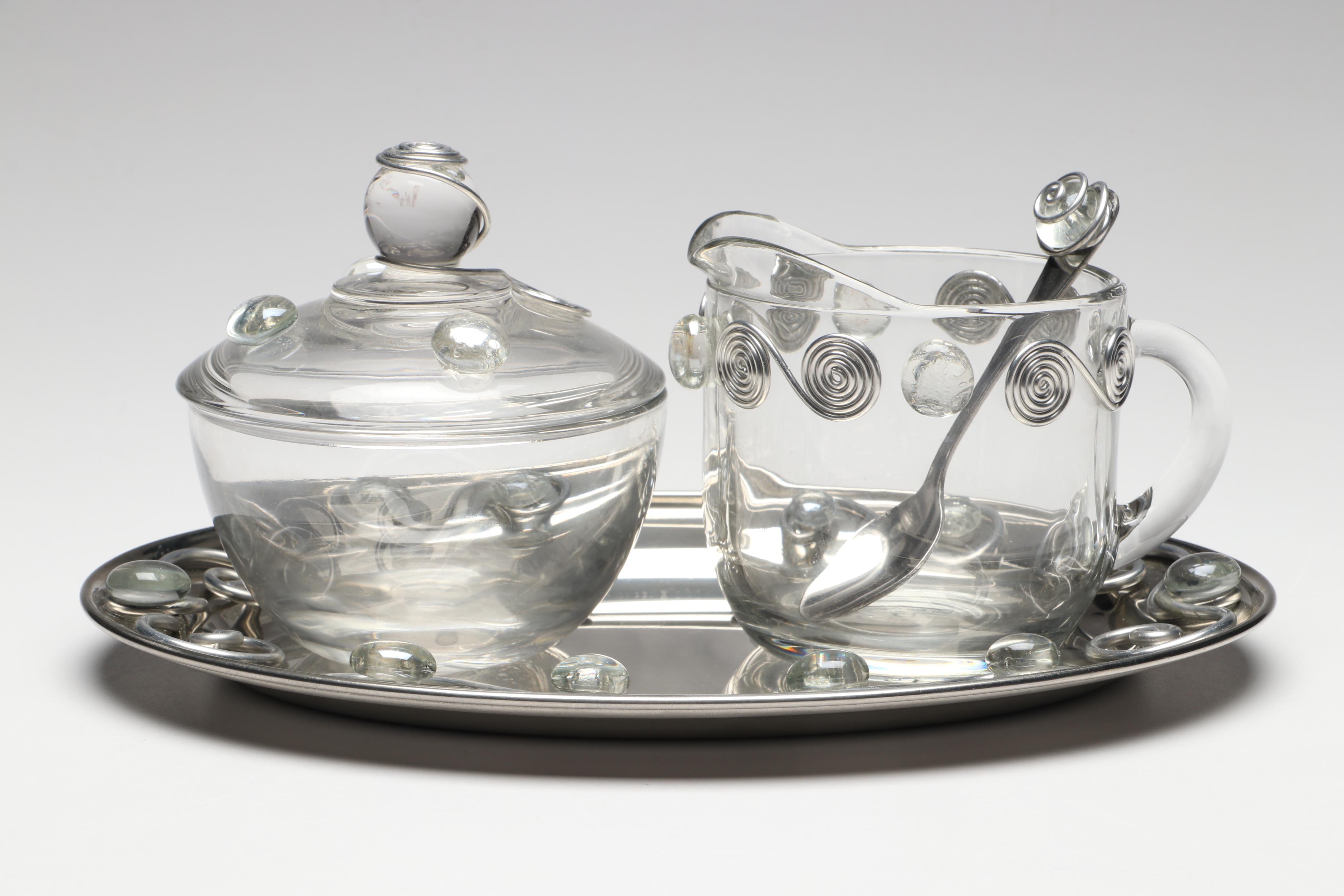 Dary Rees Original Jeweled Creamer and Sugar Bowl Set with Krosno Glass Pitcher