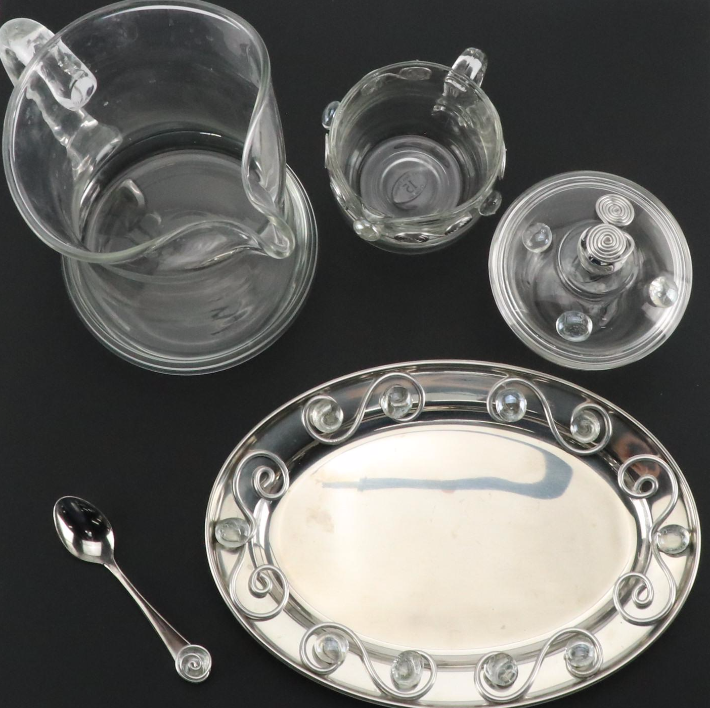 Dary Rees Original Jeweled Creamer and Sugar Bowl Set with Krosno Glass Pitcher