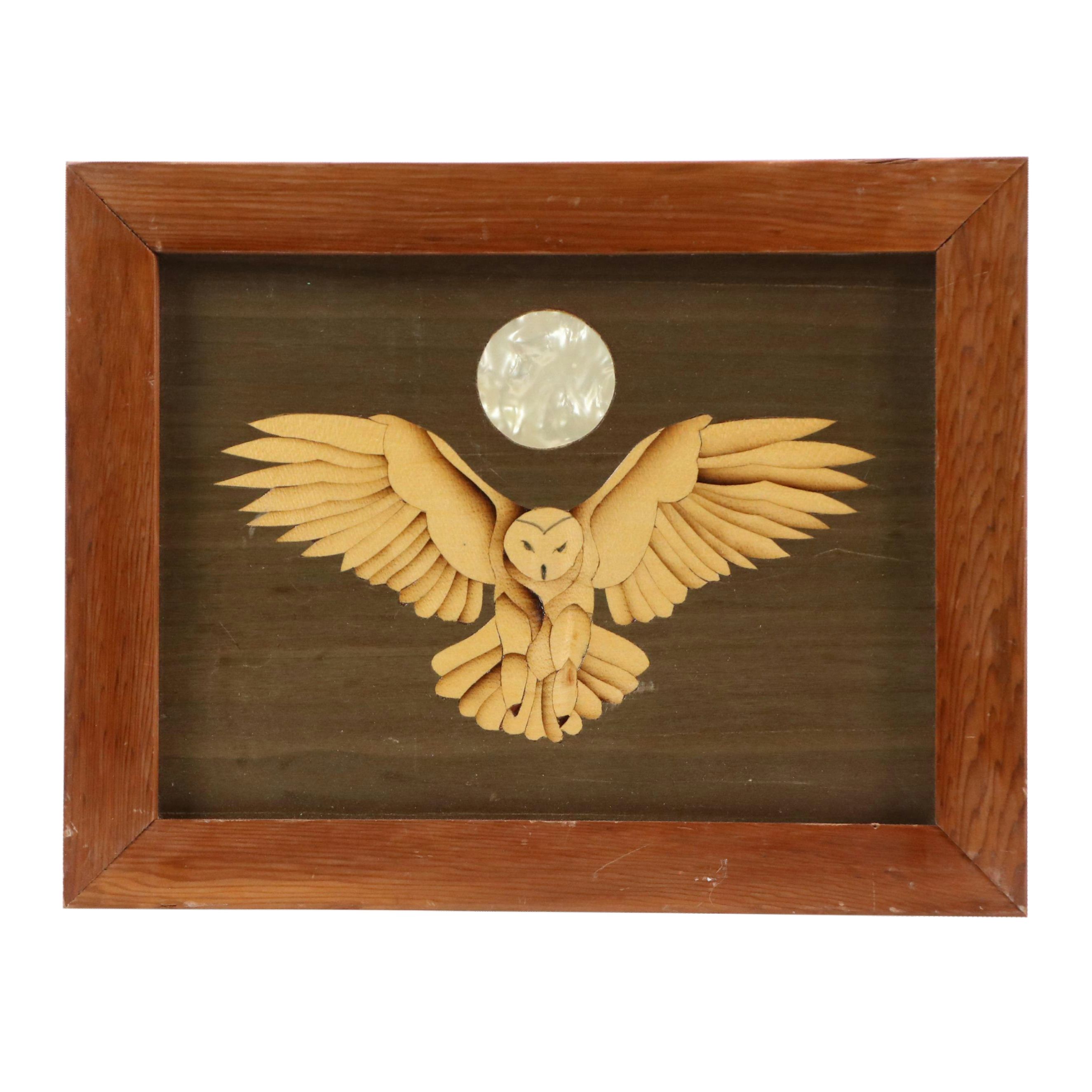 Wooden Marquetry Panel of Barn Owl Under Moon with Inlaid Mother of Pearl