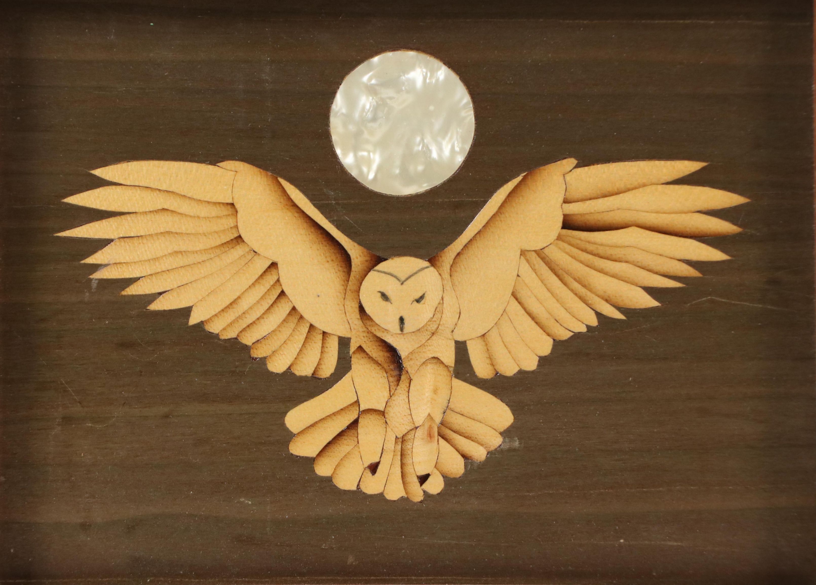 Wooden Marquetry Panel of Barn Owl Under Moon with Inlaid Mother of Pearl
