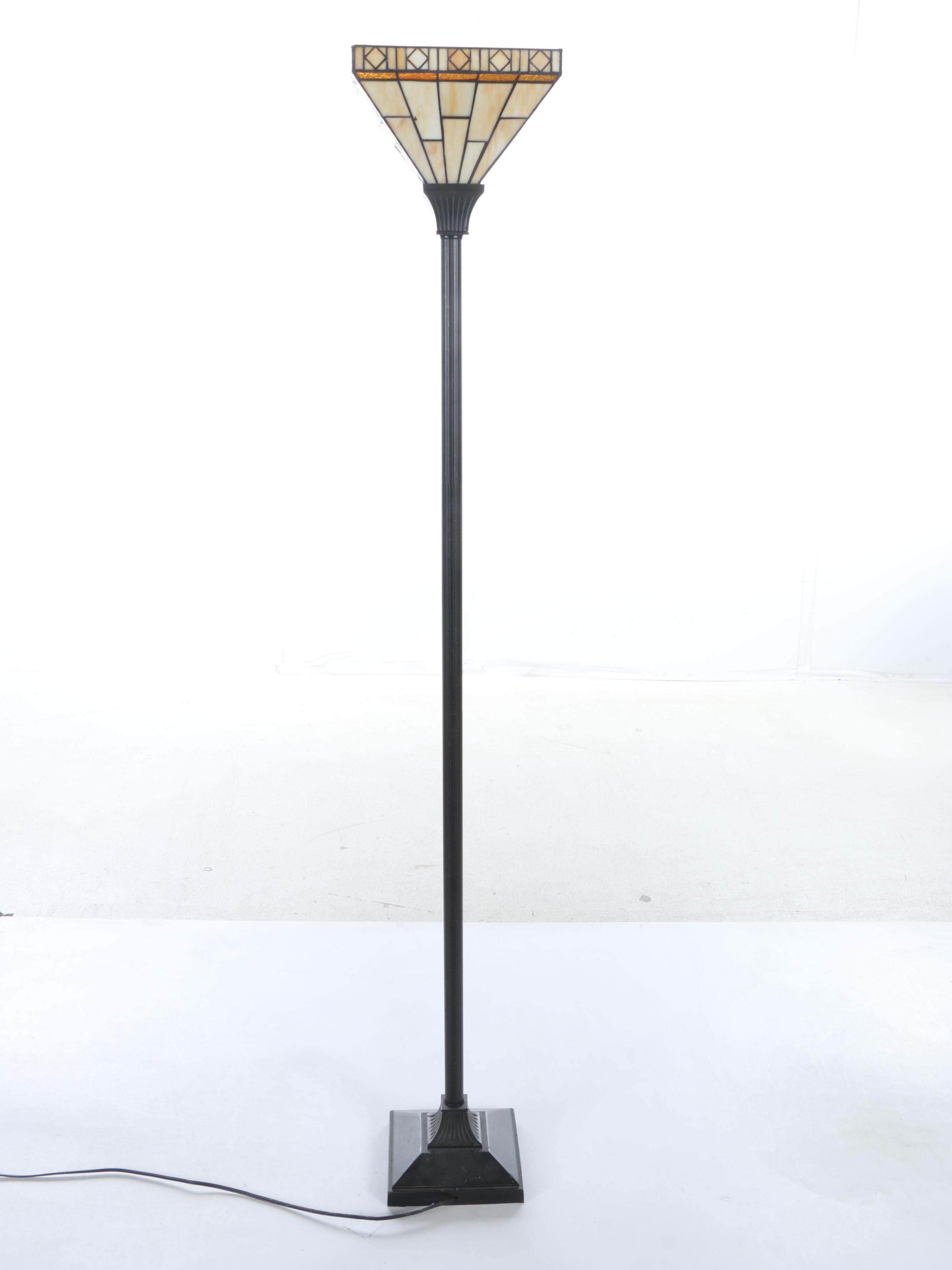 Mission Style Torchiere Floor Lamp with Slag Glass Pyramid Shade