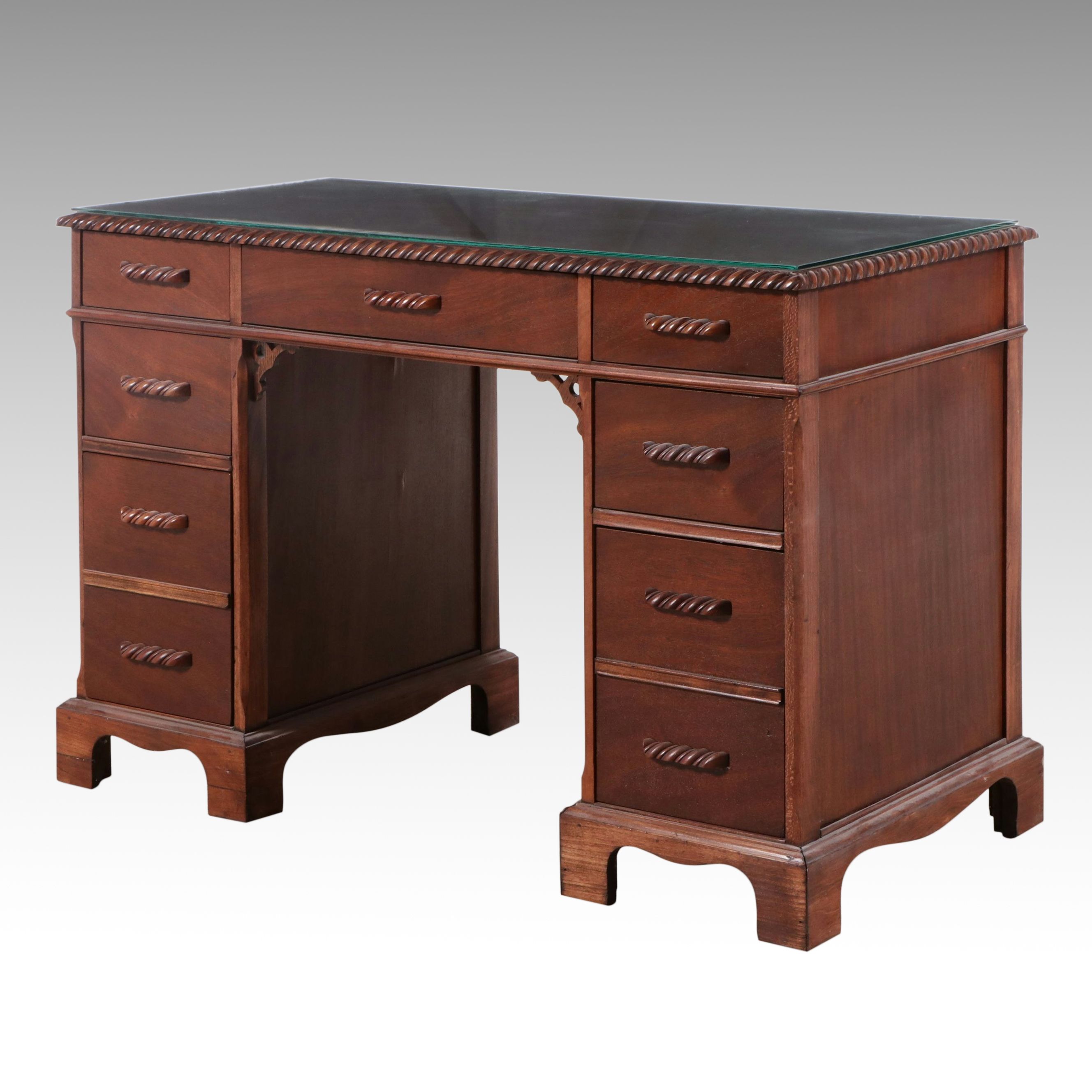 Chippendale Style Mahogany Kneehole Desk with Glass Top
