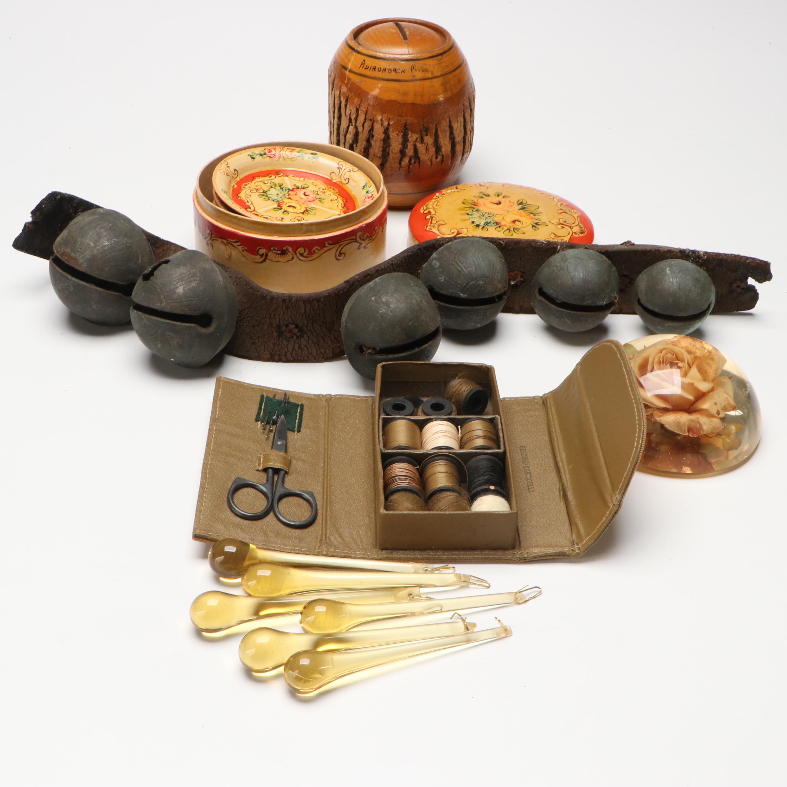 Adirondack Wooden Coin Bank with Belding Corticelli Sewing Kit and Other Décor