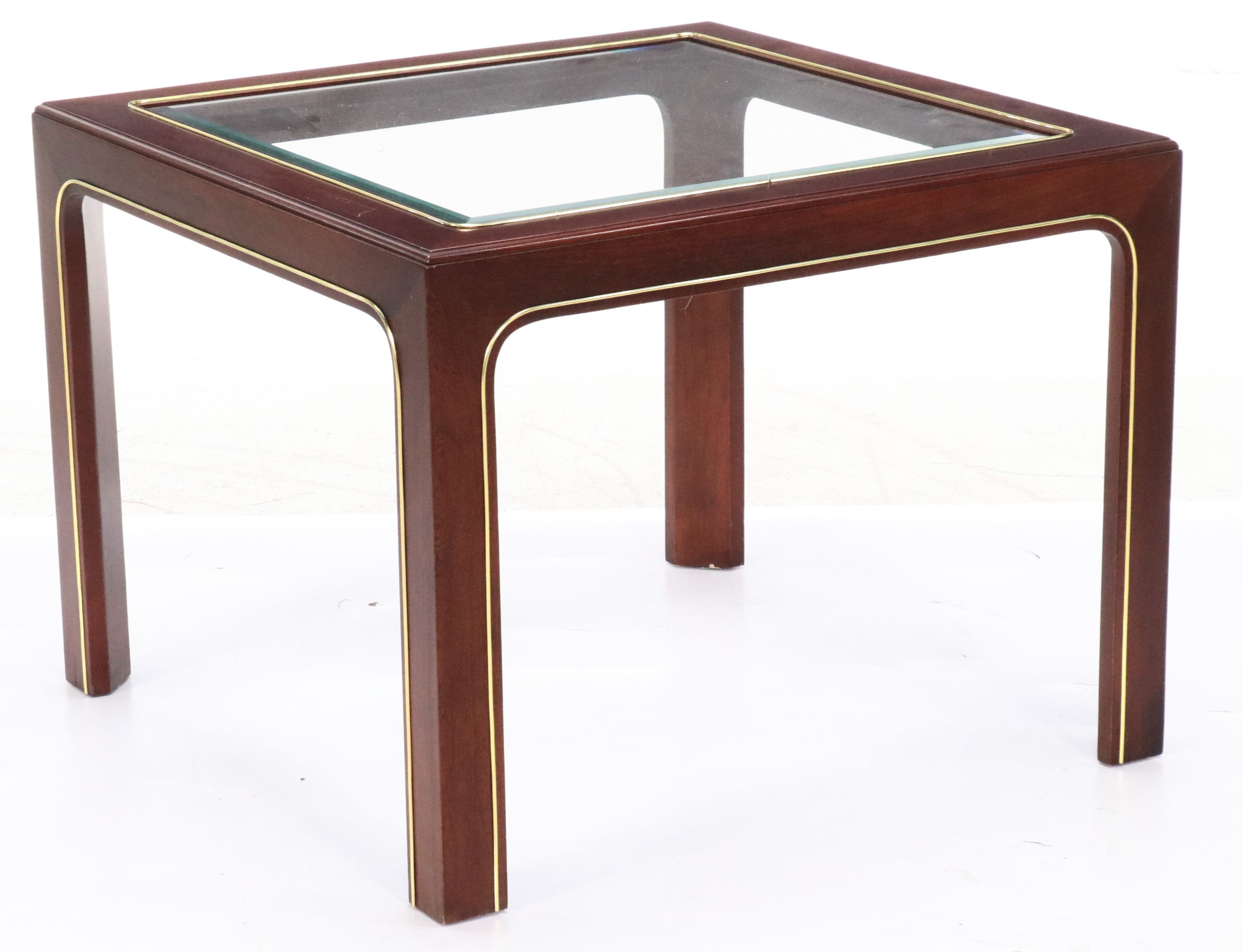Brass-Inlaid Mahogany End Table with Glass Top