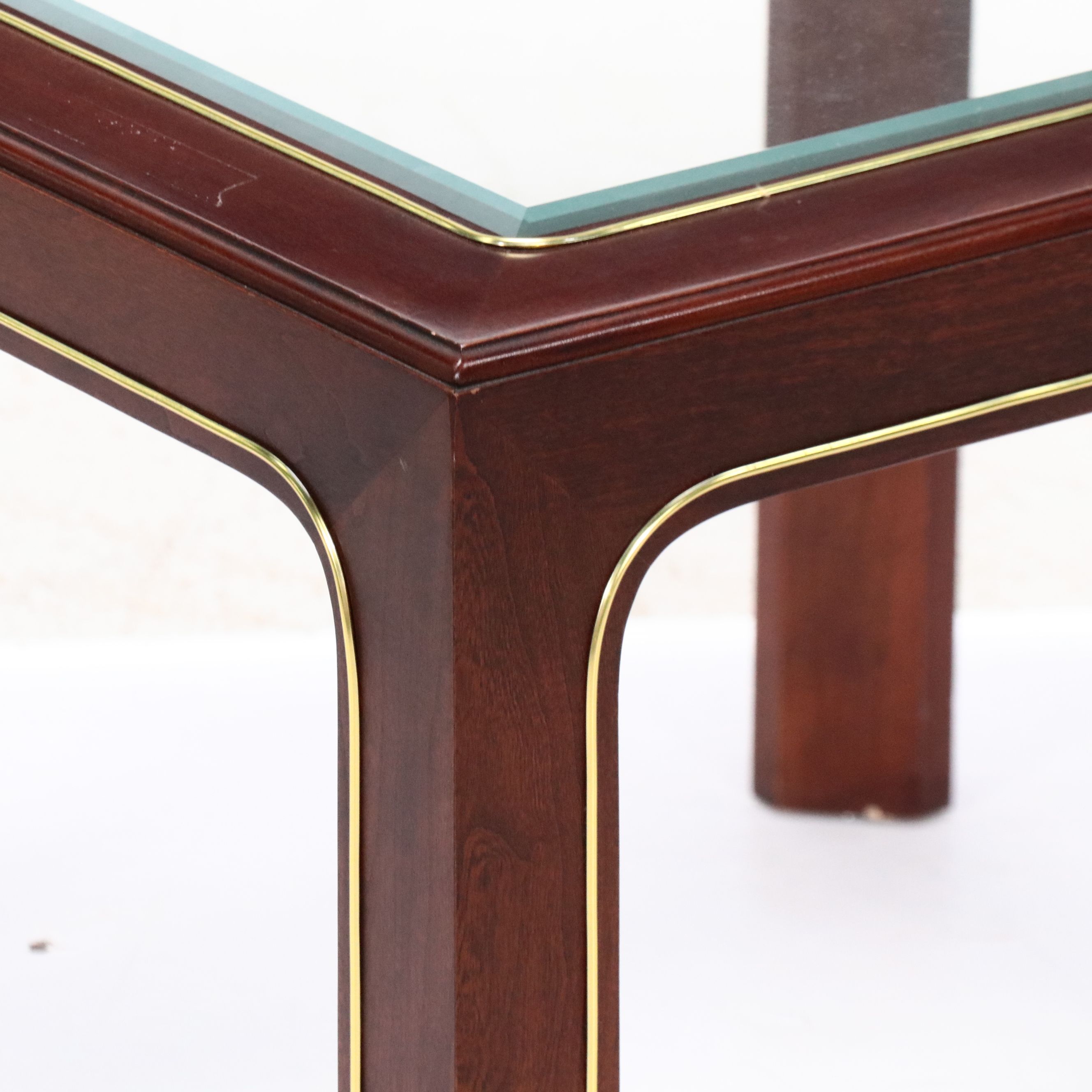 Brass-Inlaid Mahogany End Table with Glass Top
