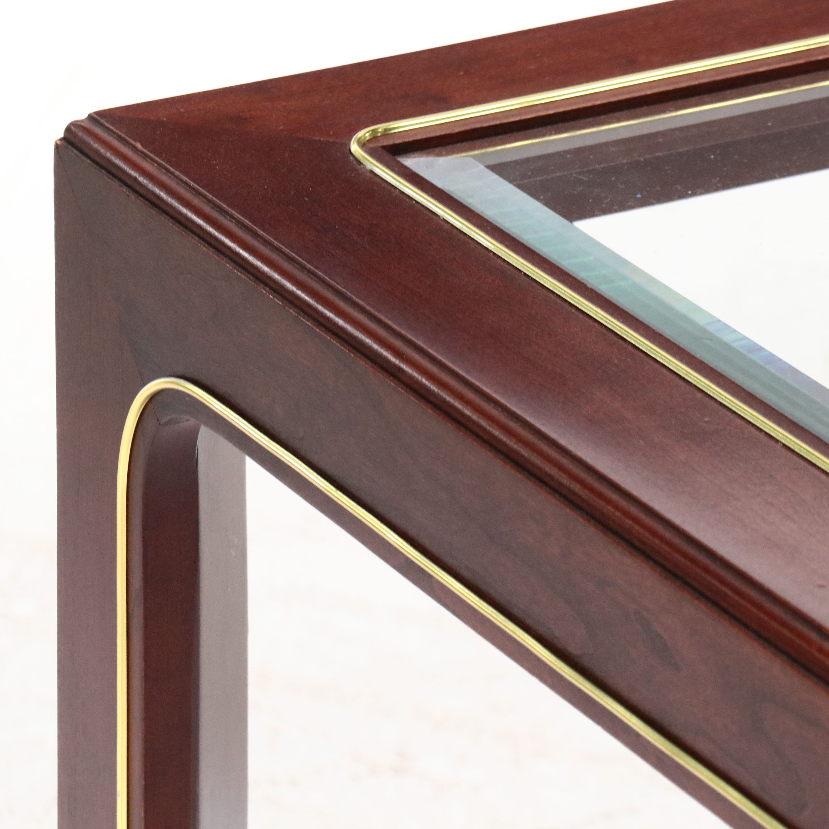 Brass-Inlaid Mahogany End Table with Glass Top