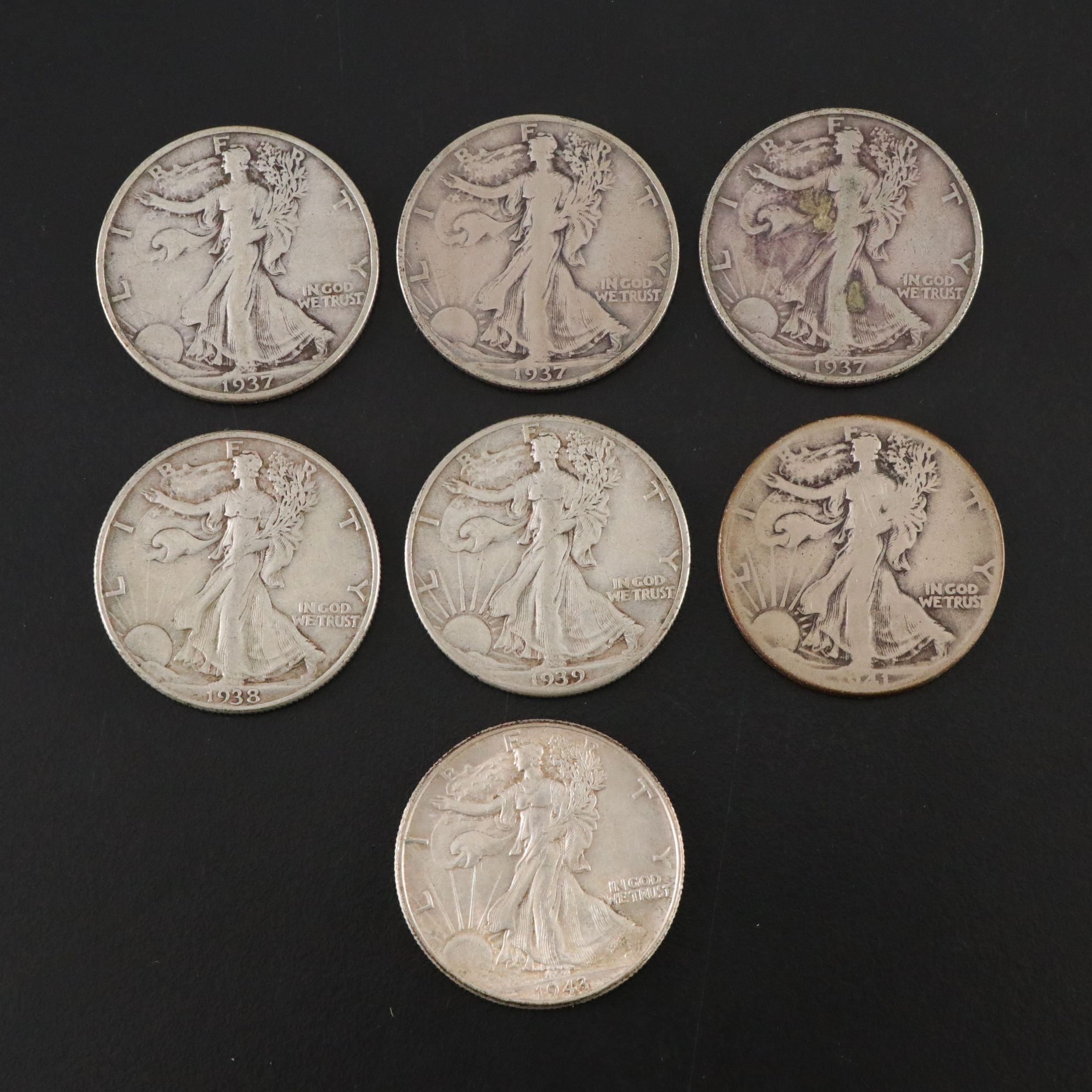 Seven Walking Liberty Silver Half Dollars